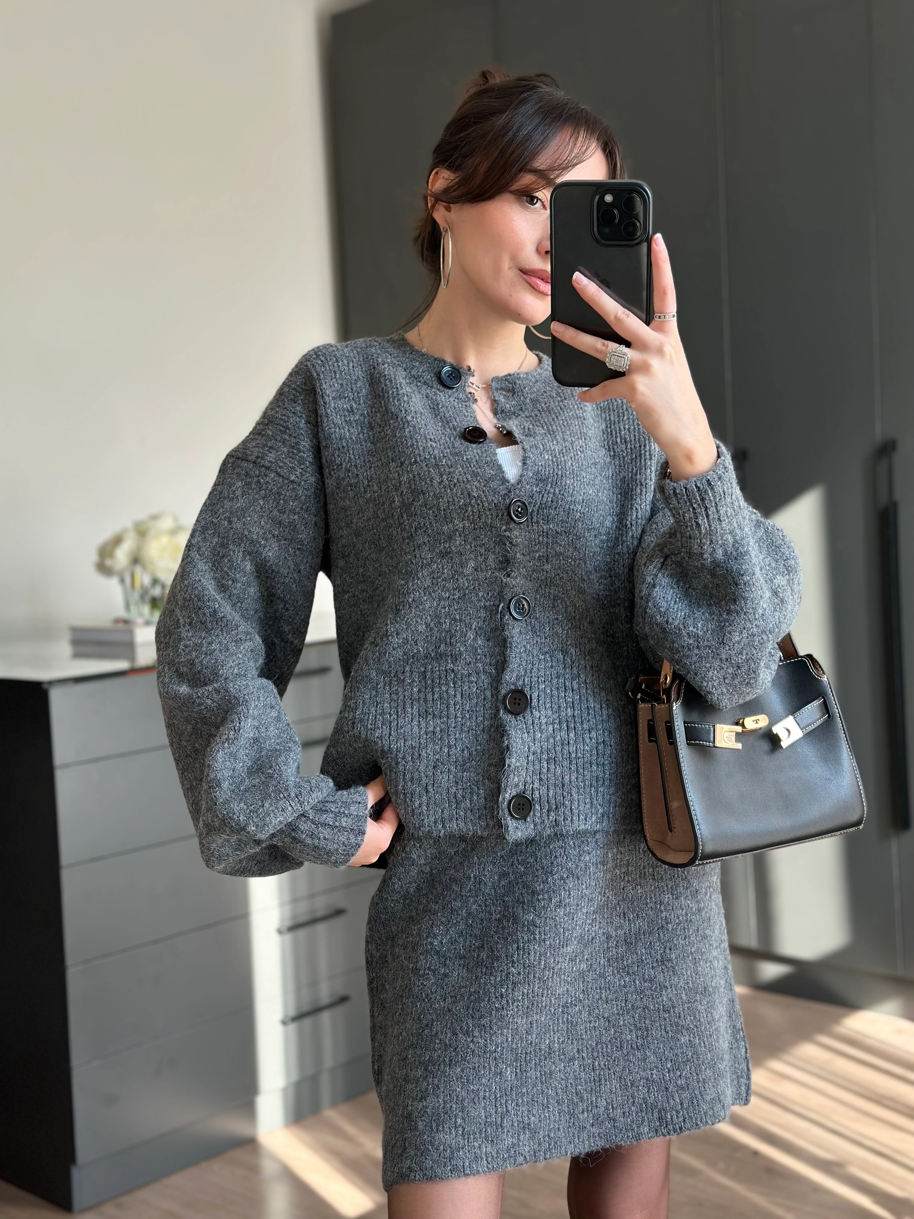 BALON KOLLU ÖRGÜ ANTRASİT TAKIM