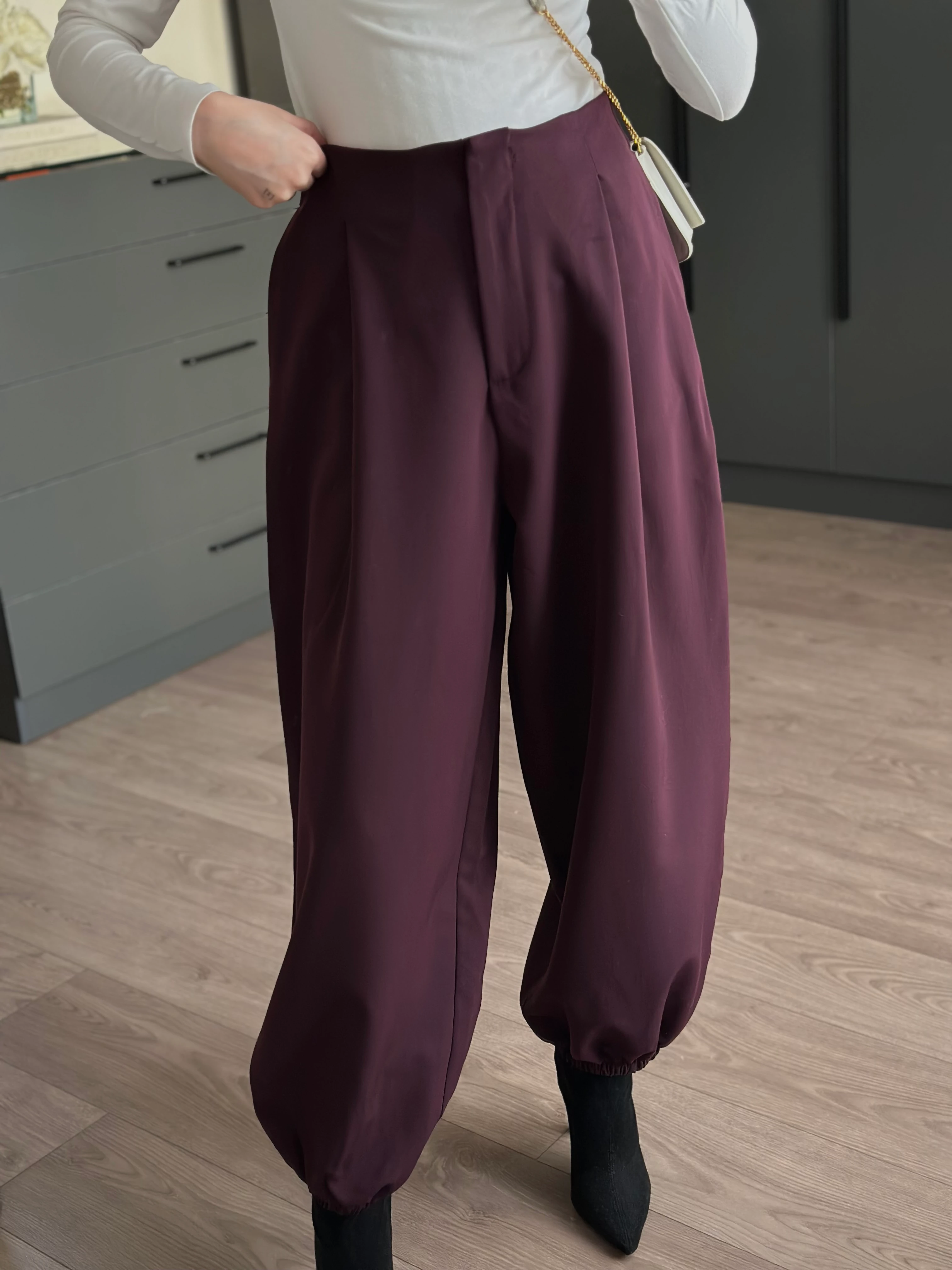 ŞALVAR MODEL YÜKSEK BEL PANTOLON - Bordo