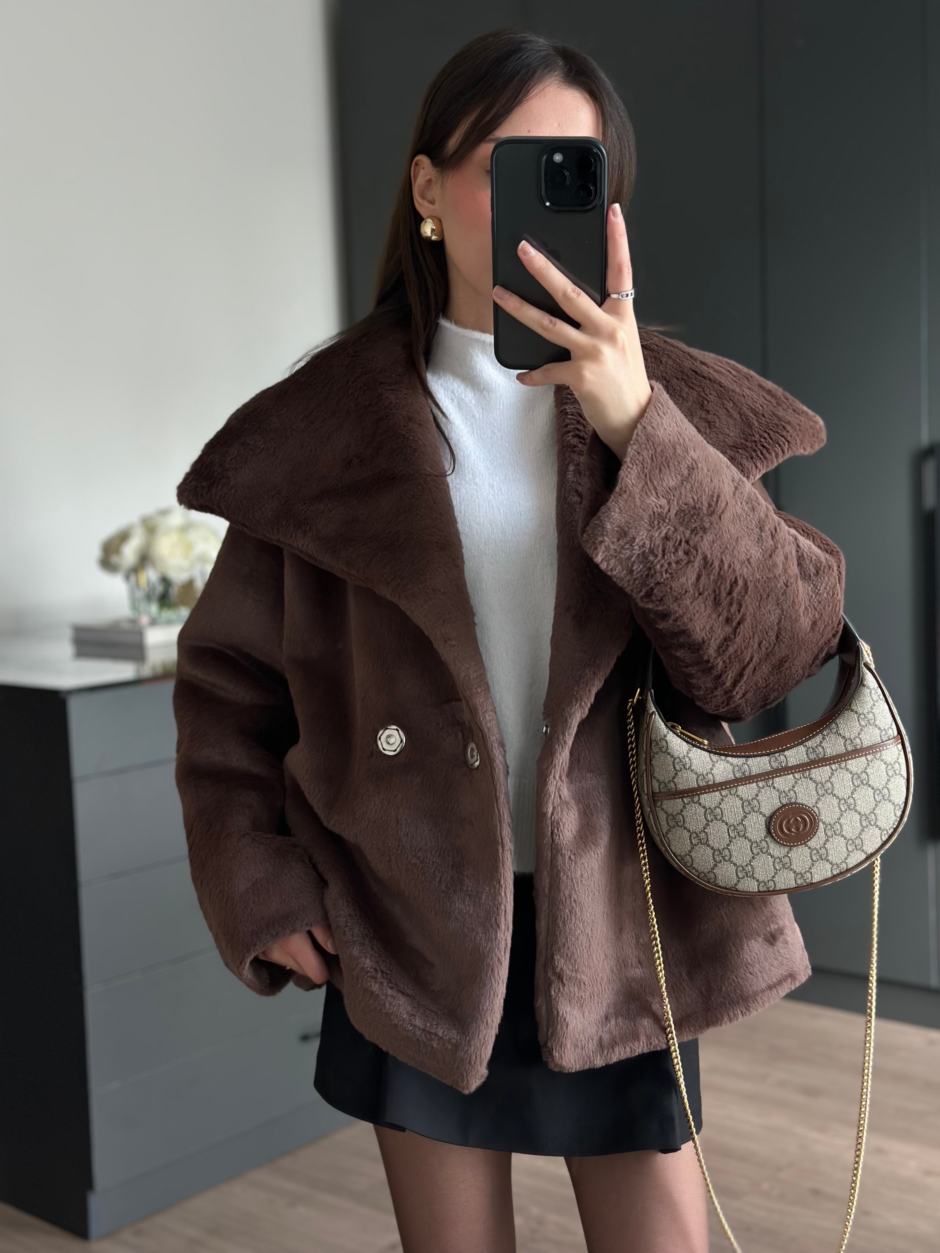 PELUŞ TASARIM YAKA ACI KAHVE CEKET 