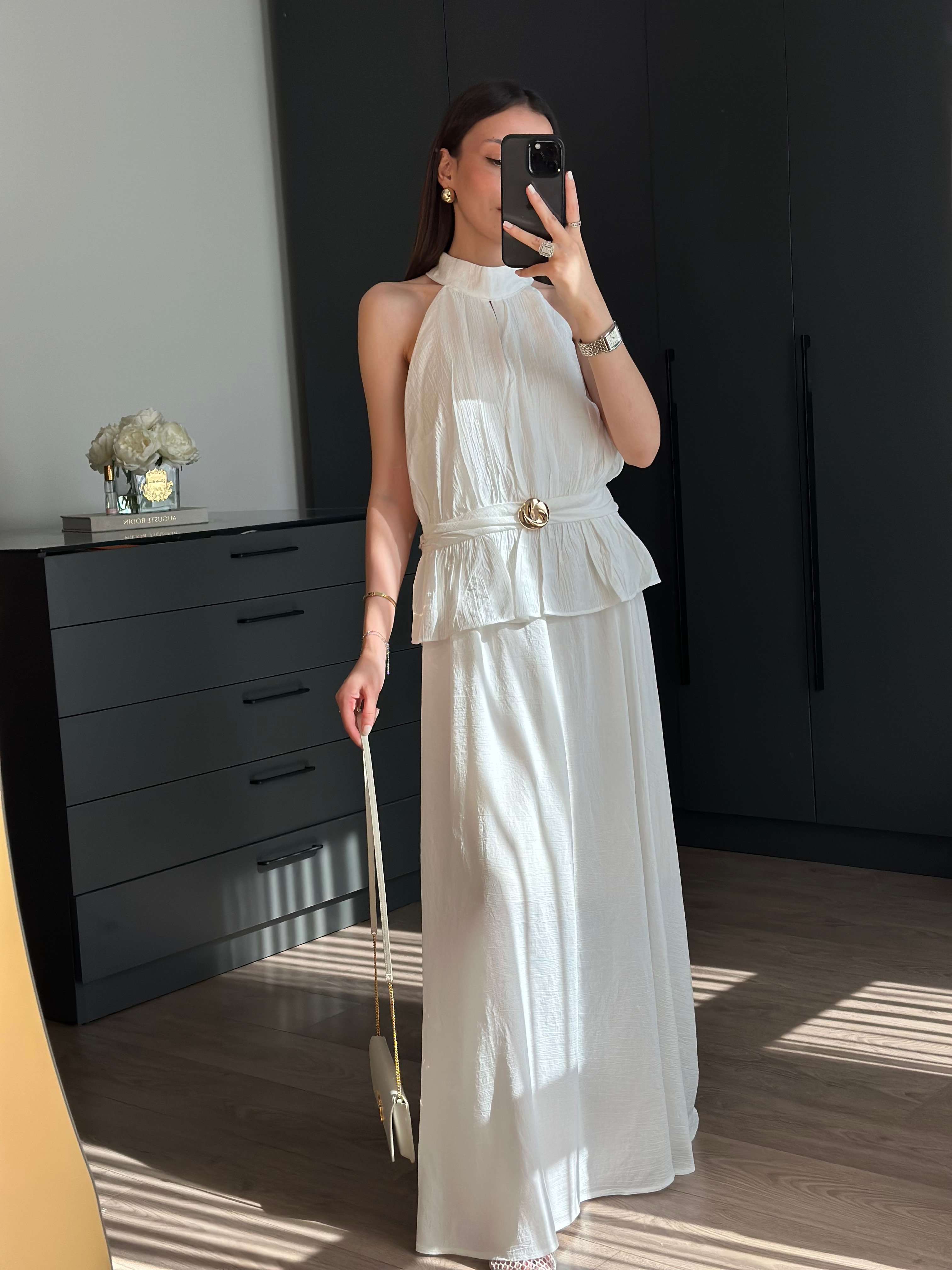 HALTER YAKA BLUZ ETEK BEYAZ TAKIM