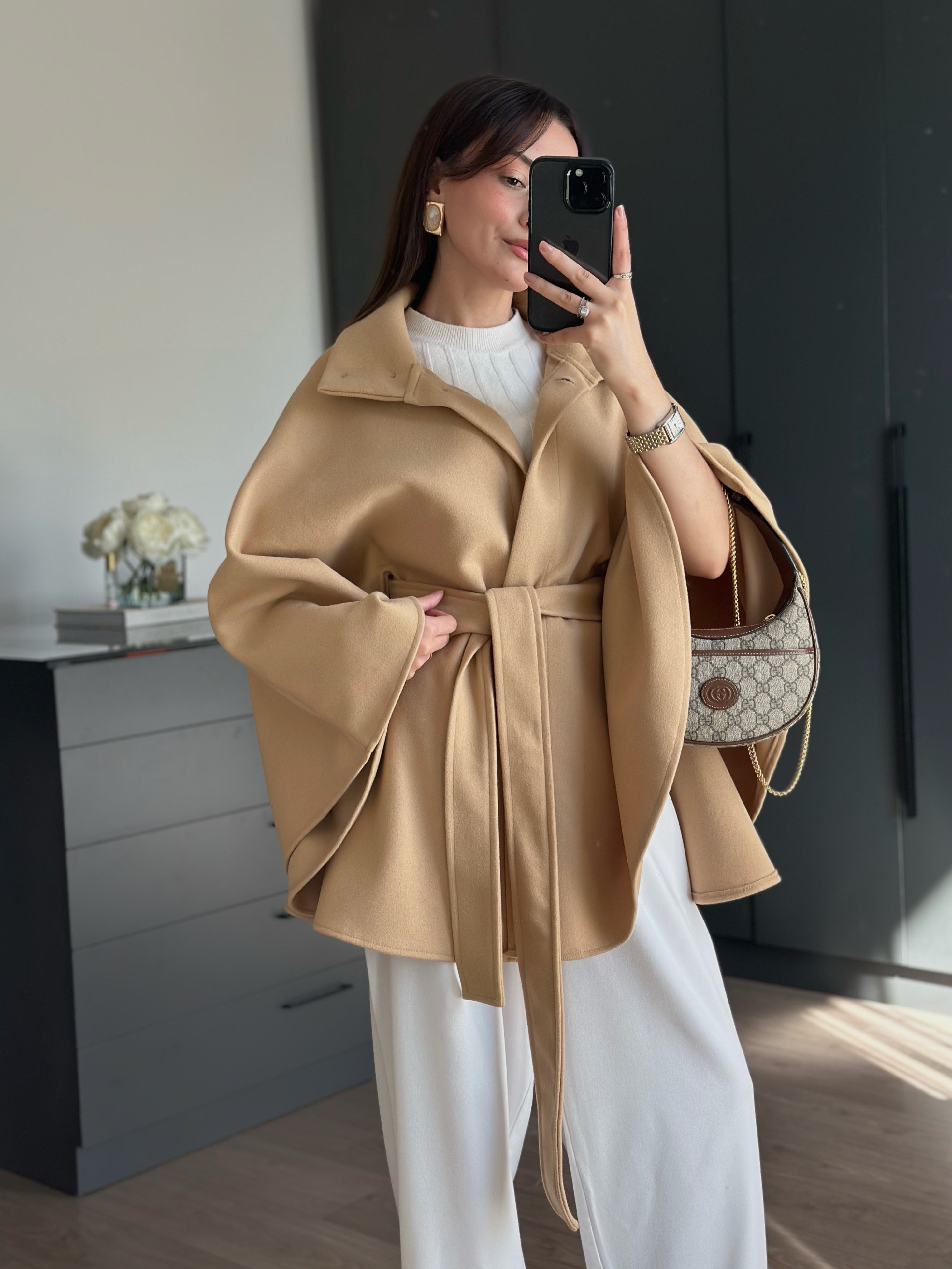 CAMEL DİK YAKA BAĞLAMALI PANÇO