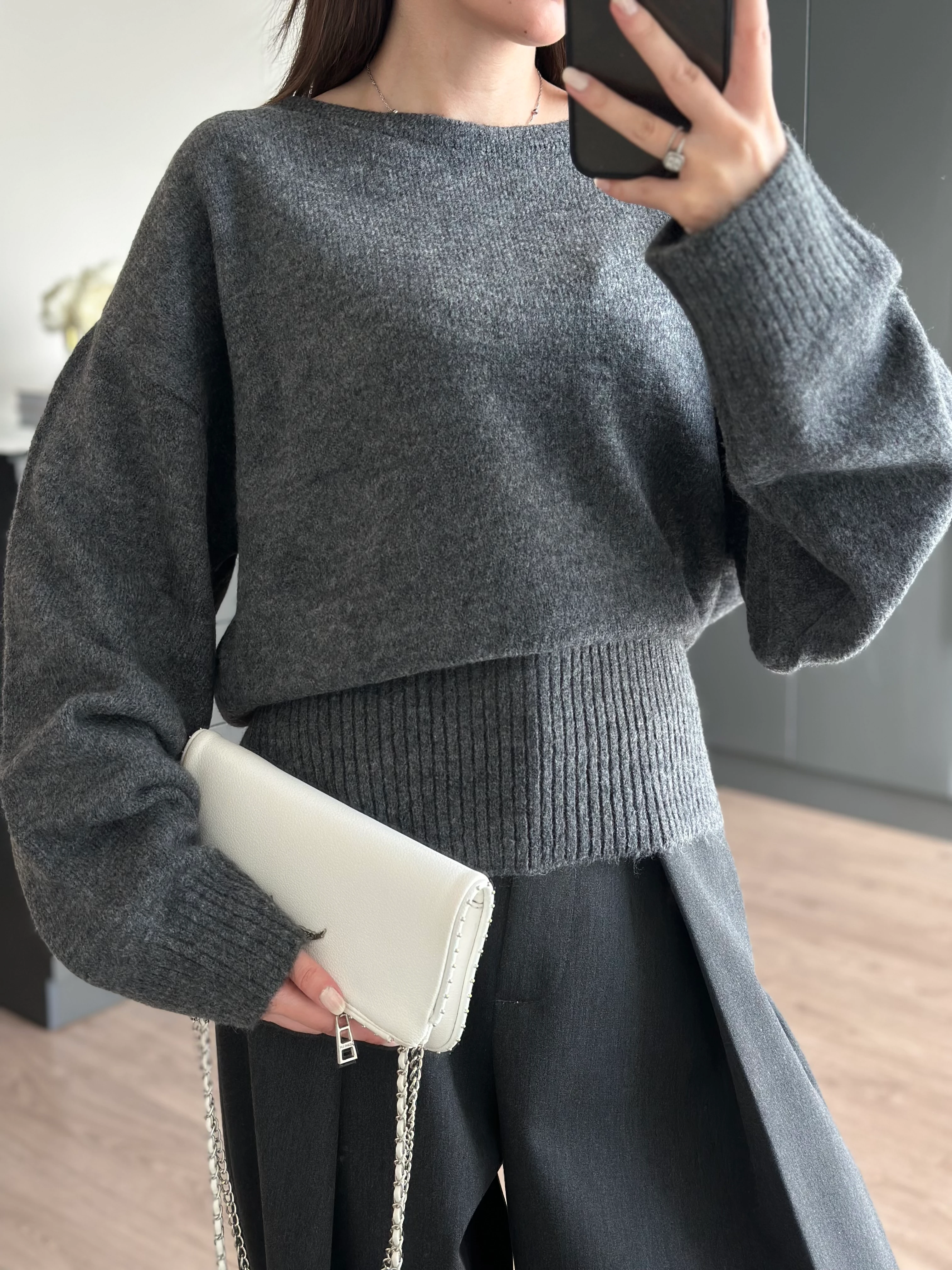 ŞAL DETAYLI TRİKO KAZAK - Antrasit