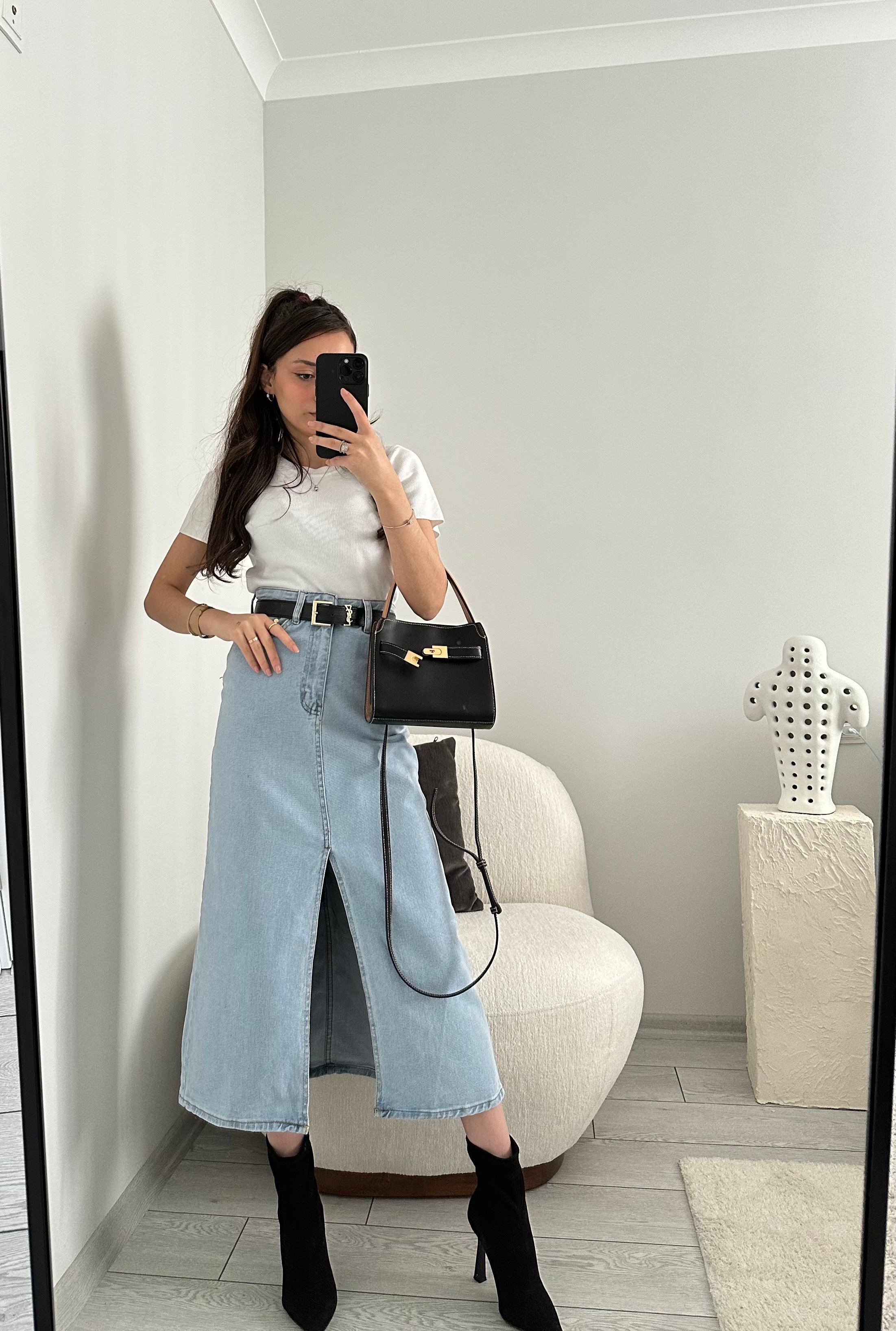 DENIM SLEEVE MIDI SKIRT