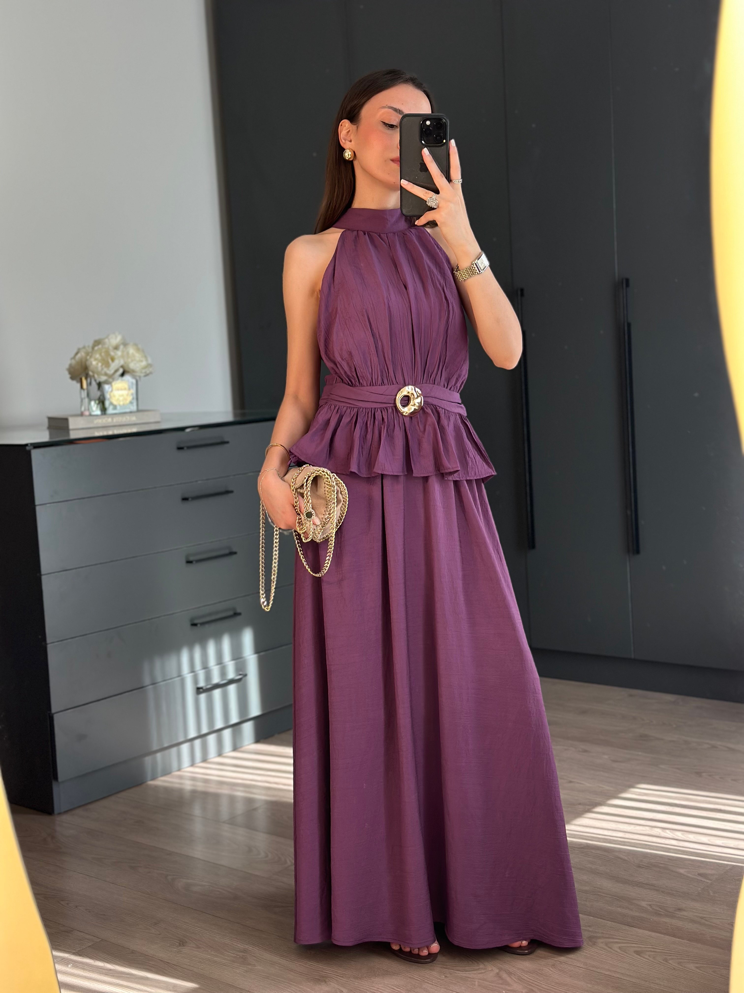 HALTER YAKA BLUZ ETEK MOR TAKIM