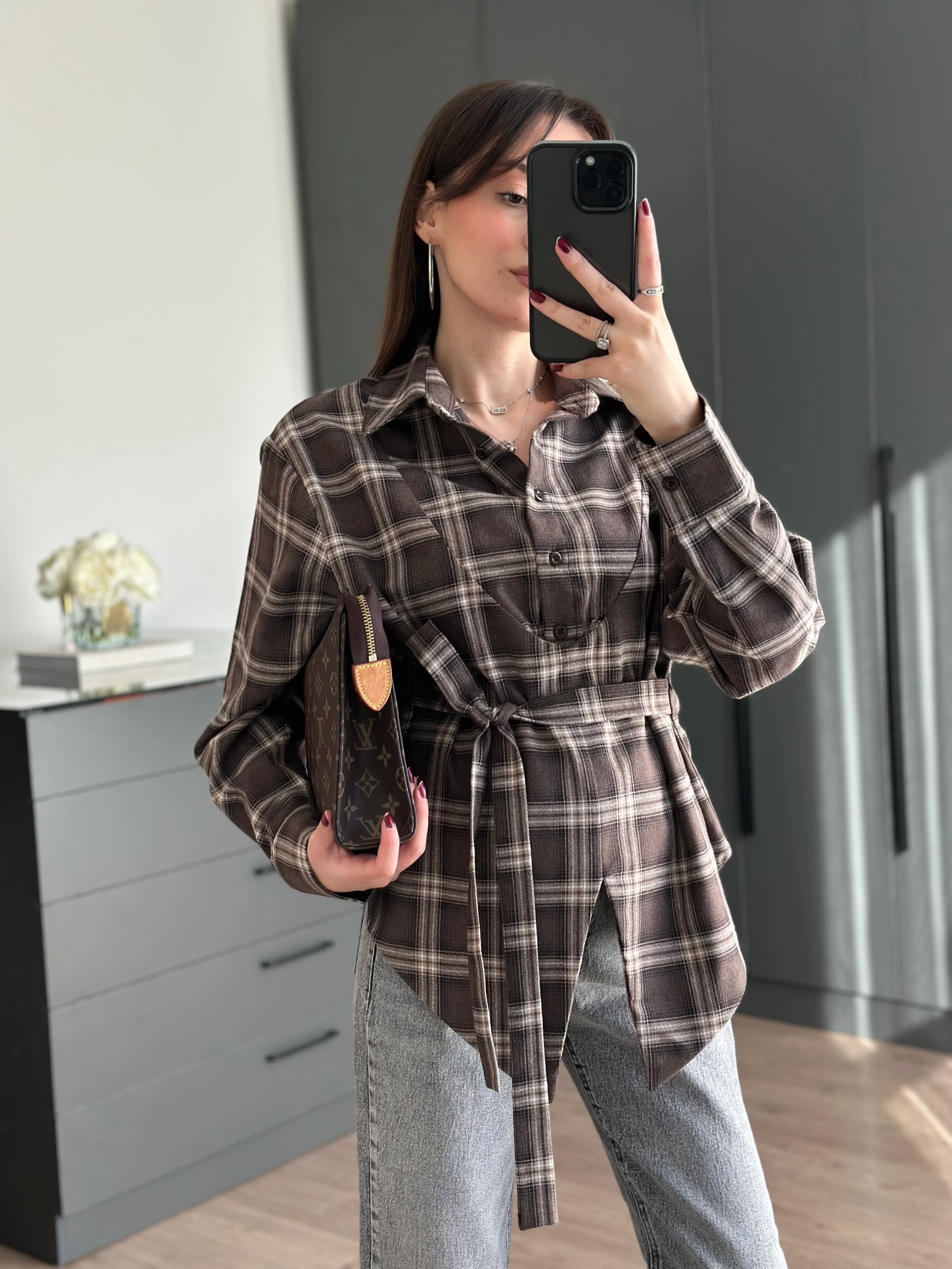 EKOSE DESEN BAĞLAMALI GÖMLEK - Kahve