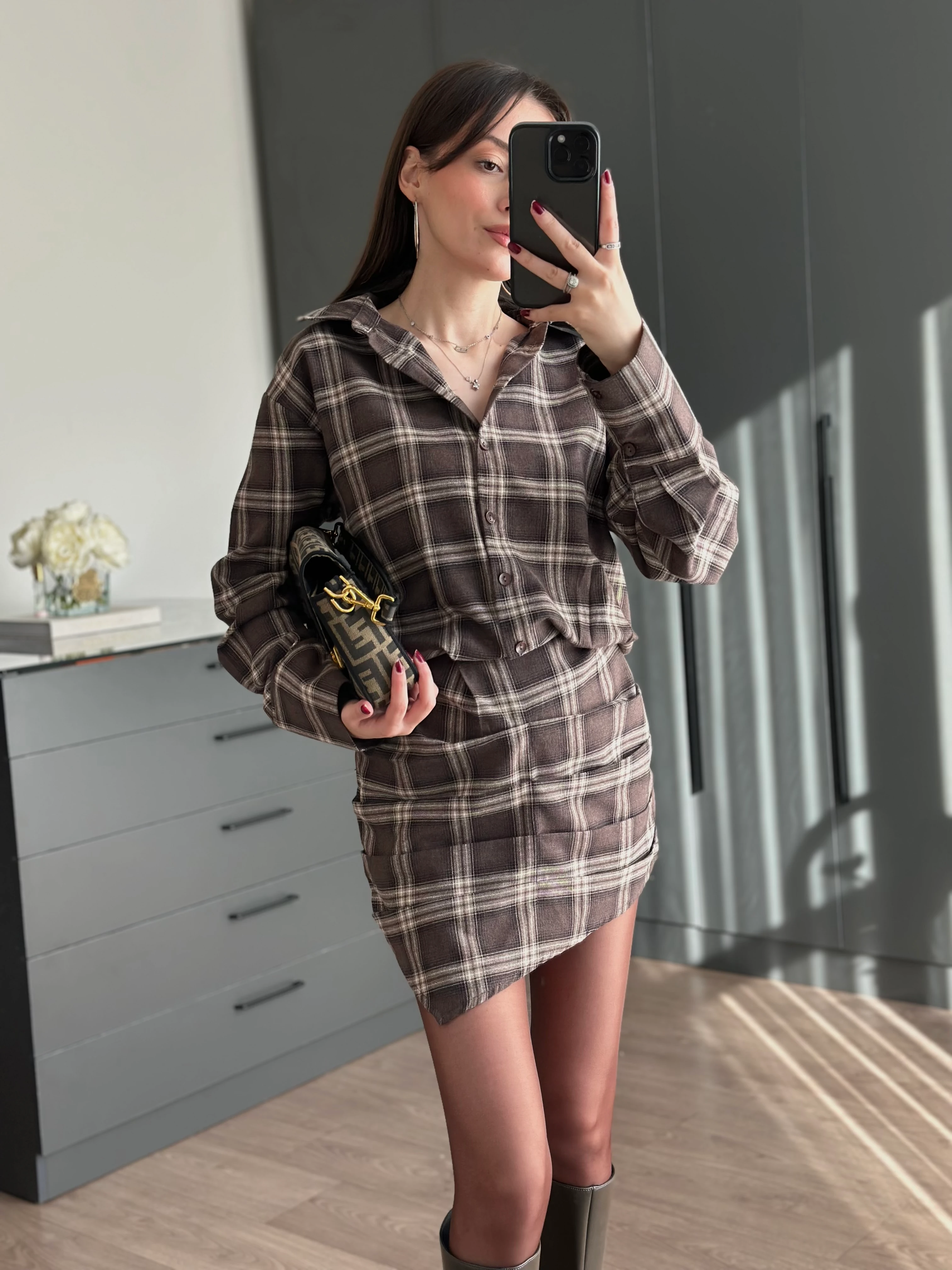 EKOSE DESENLİ ELBİSE - Kahve