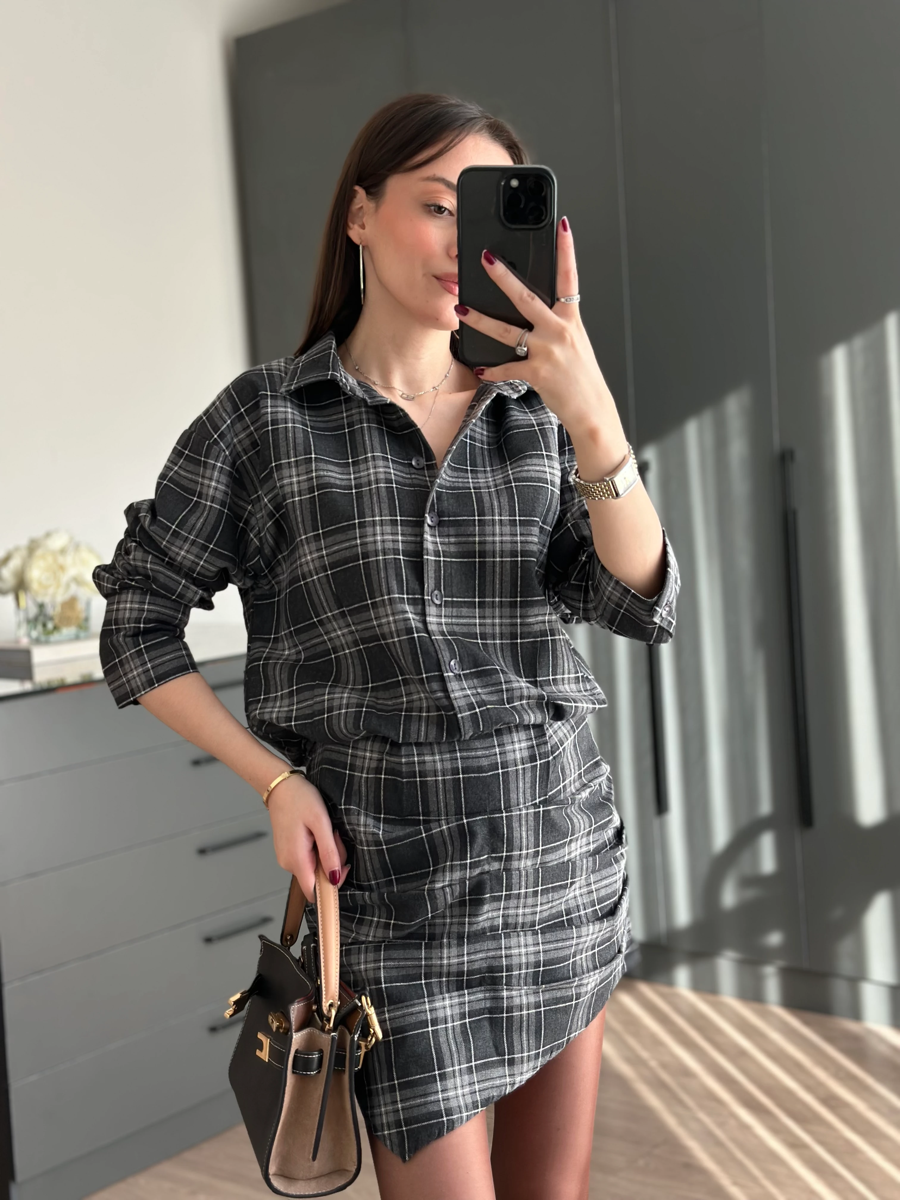 EKOSE DESENLİ ELBİSE - Siyah