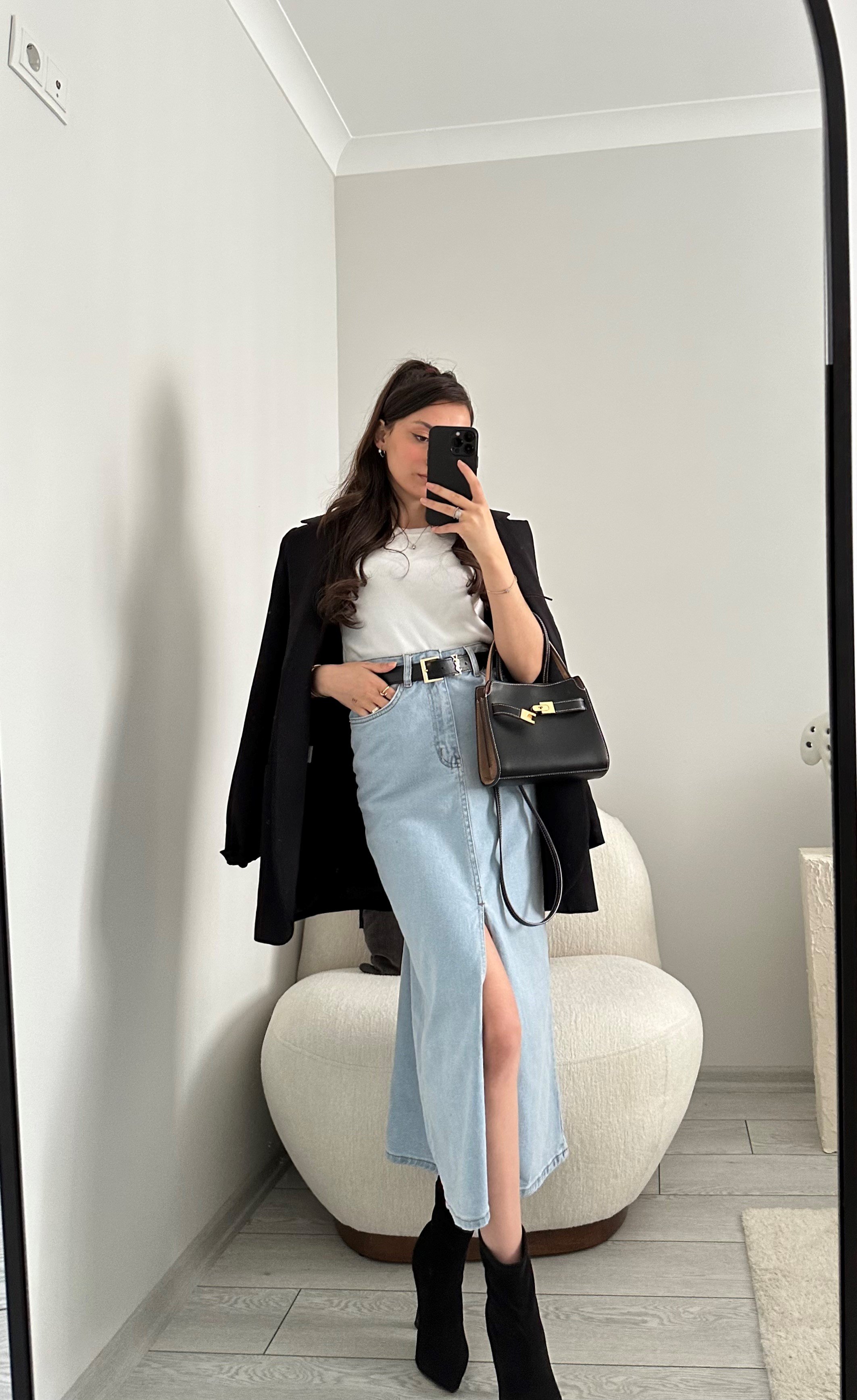 DENIM SLEEVE MIDI SKIRT