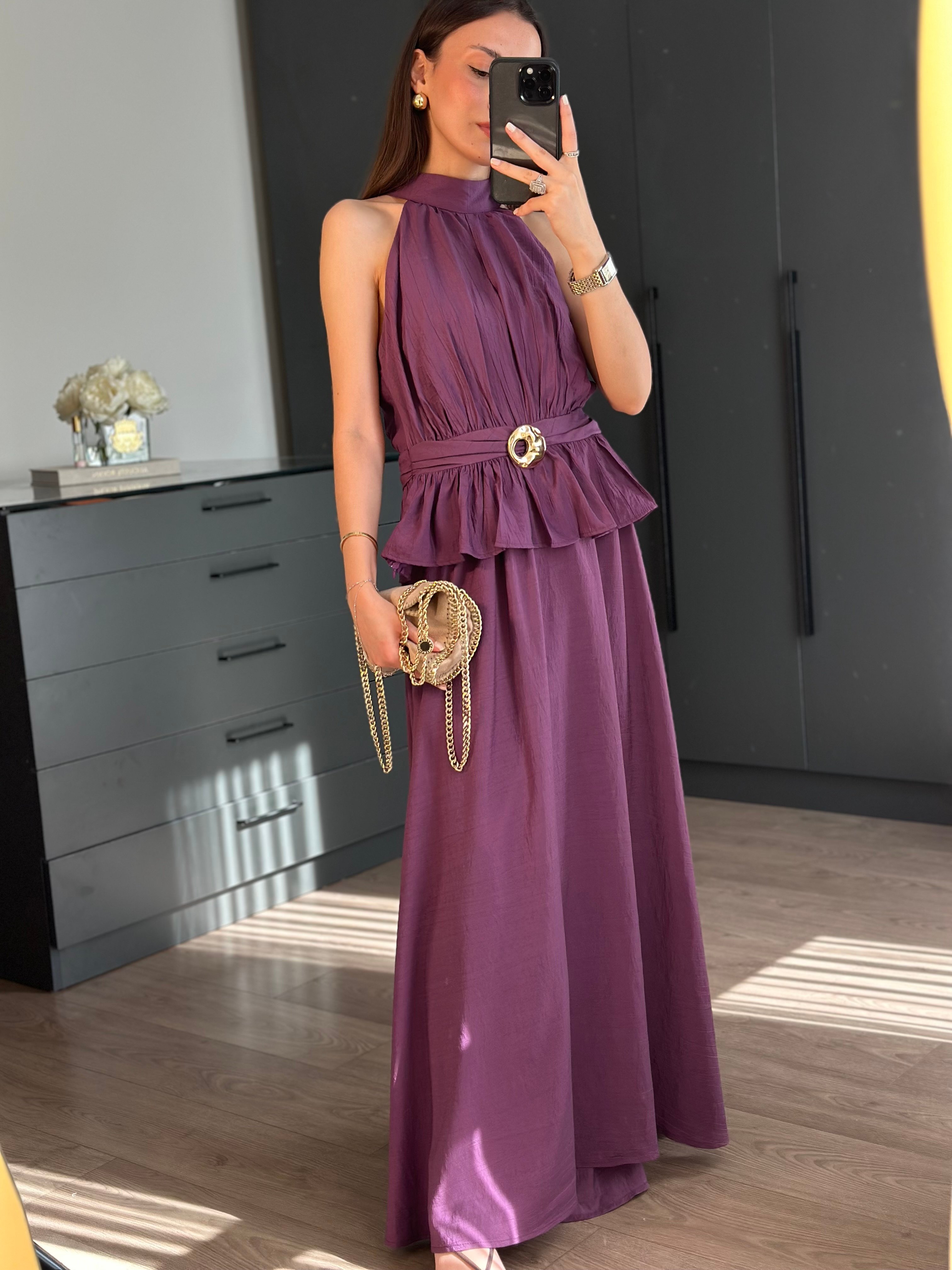 HALTER YAKA BLUZ ETEK MOR TAKIM