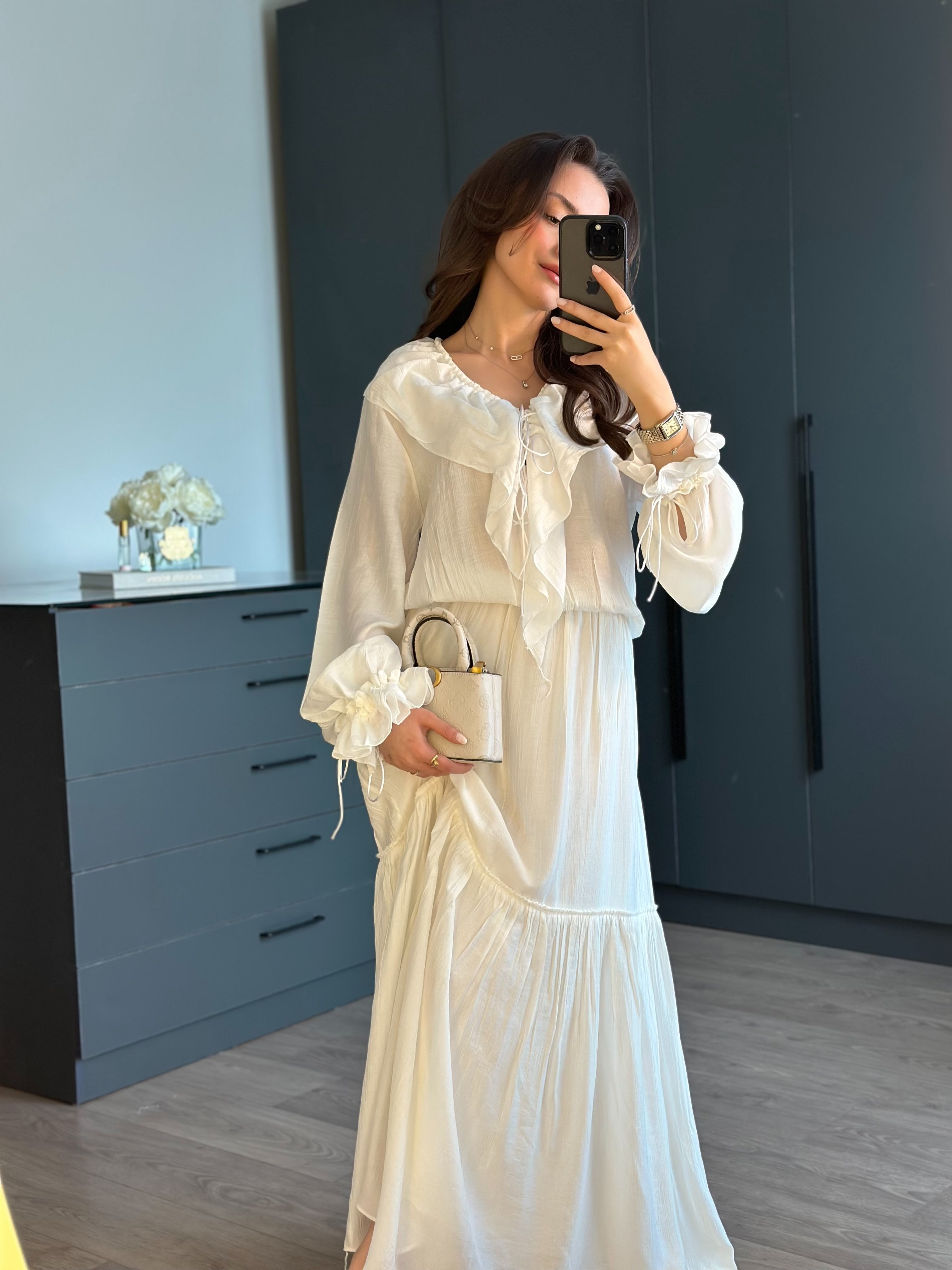 BELLIS BEYAZ FIRFIRLI TASARIM MAXİ ELBİSE