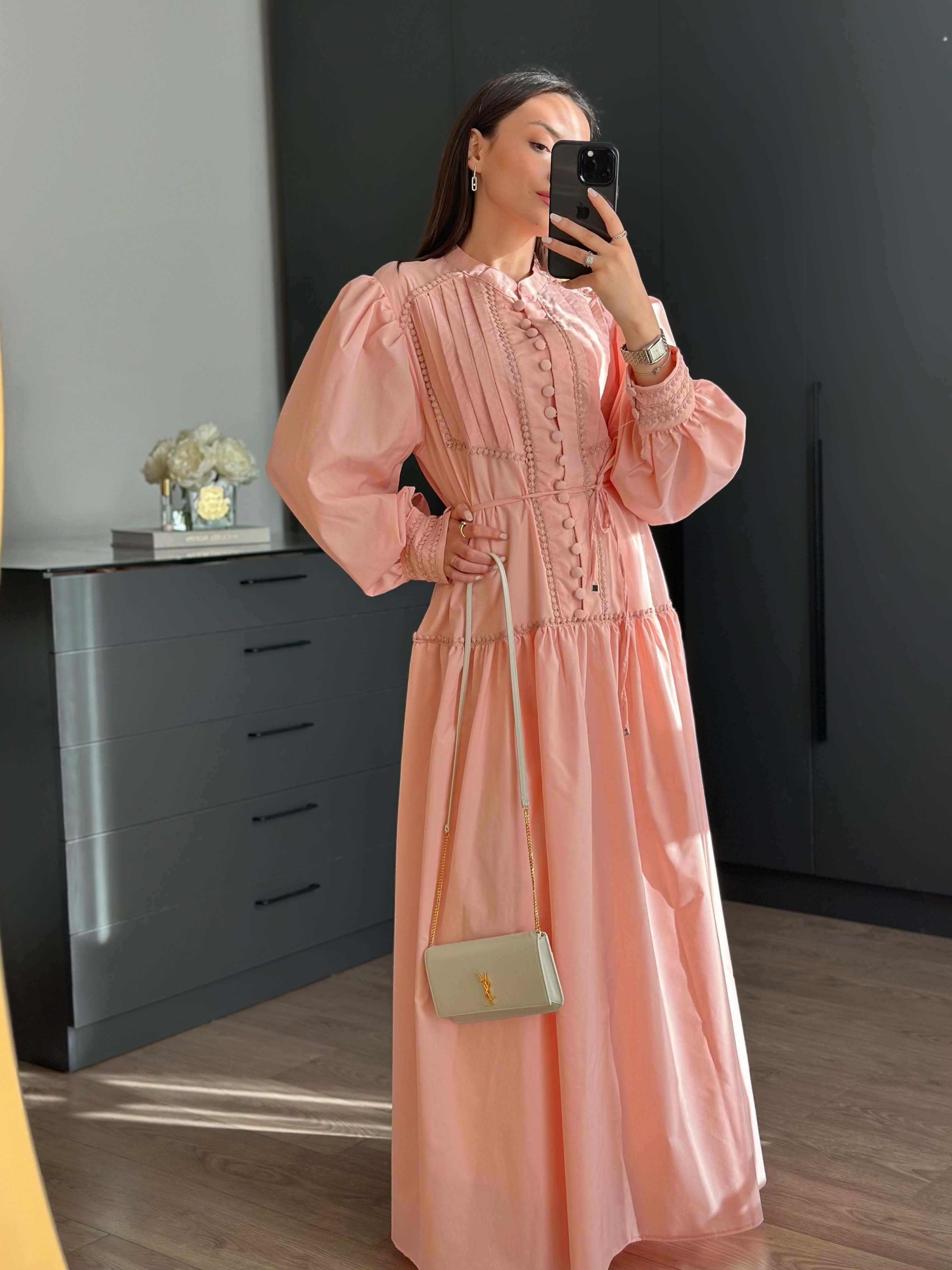 PREMİUM CAMİLLE NERVÜRLÜ DACRON PEMBE ELBİSE
