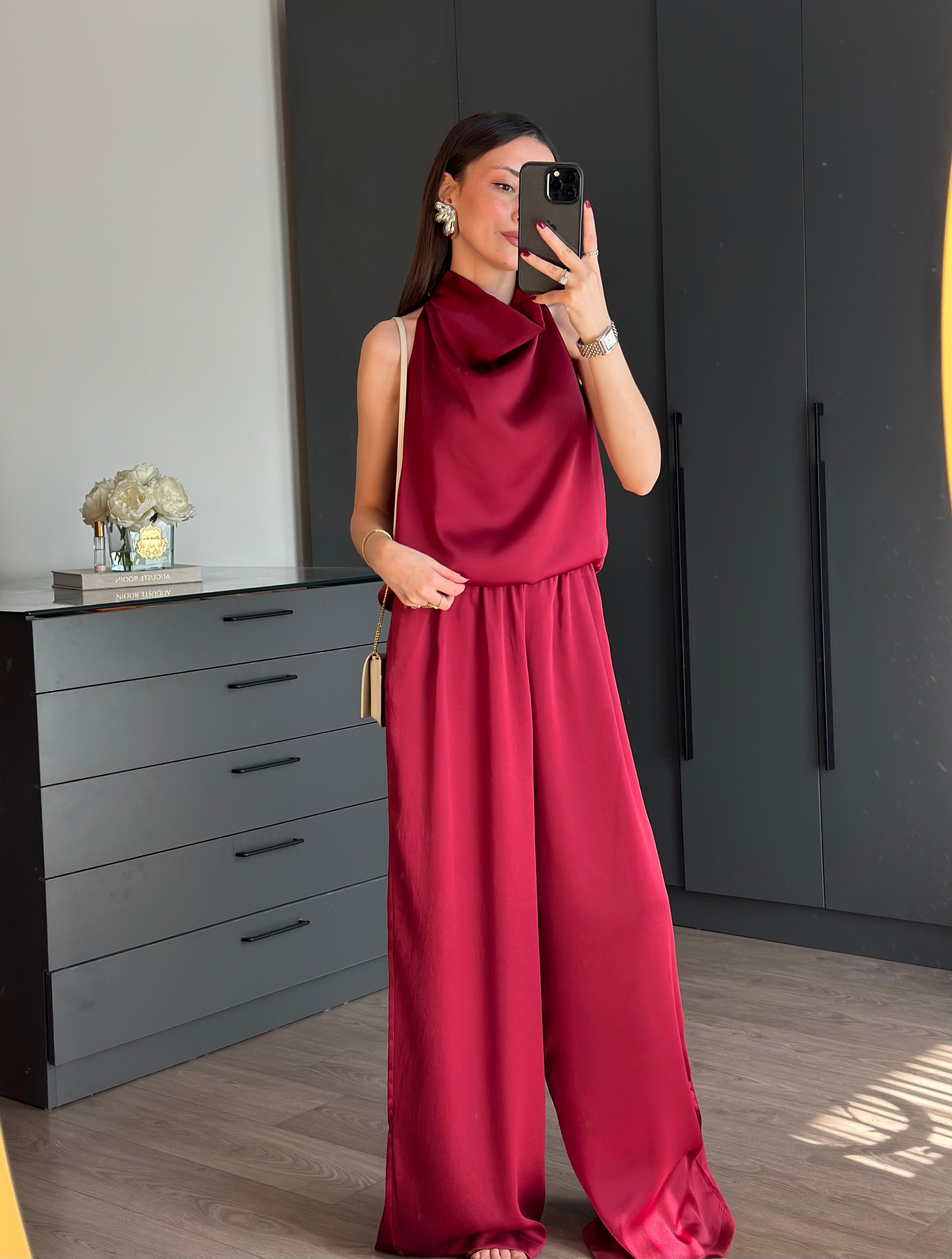 BORDO SATEN BLUZ PANTOLON TAKIM