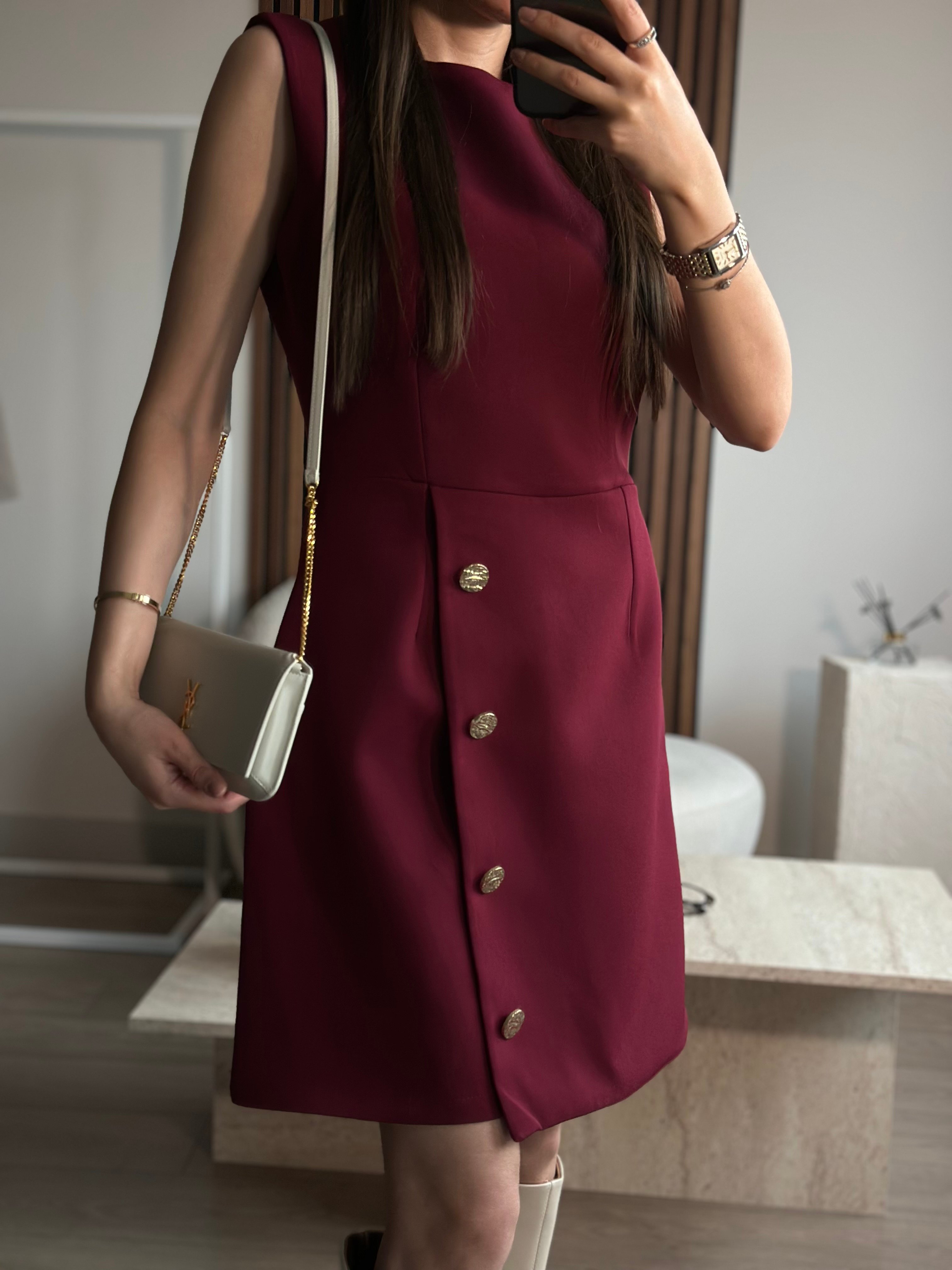 PERLA GOLD DÜĞME DETAYLI BORDO  ELBİSE