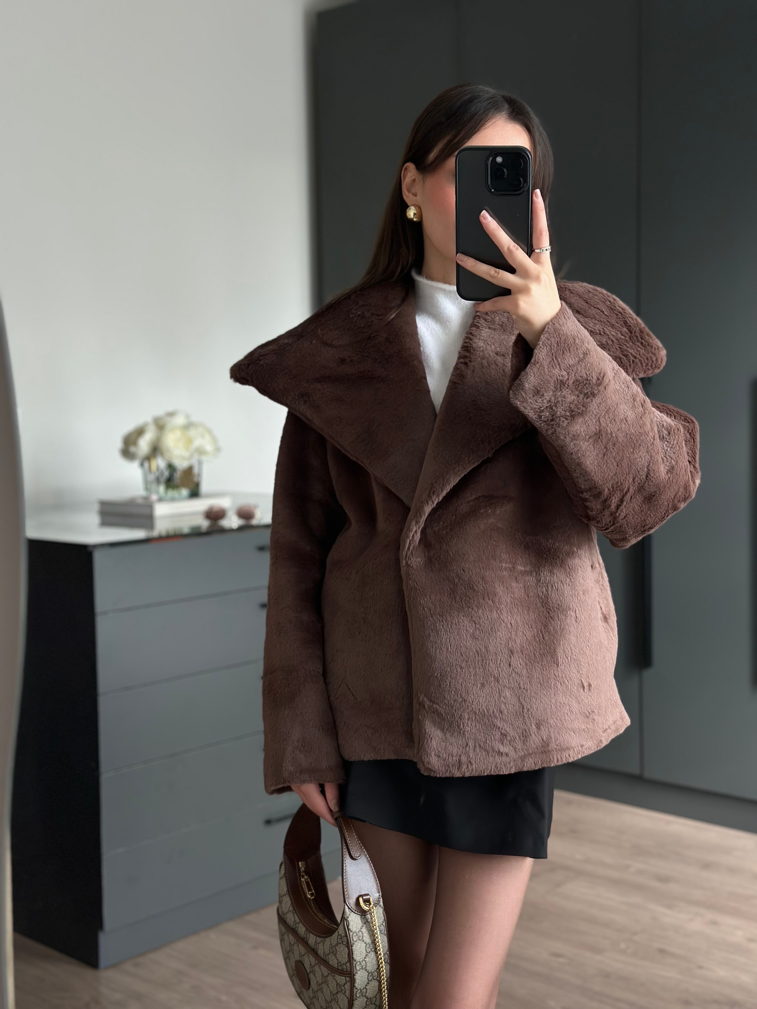 PELUŞ TASARIM YAKA ACI KAHVE CEKET 
