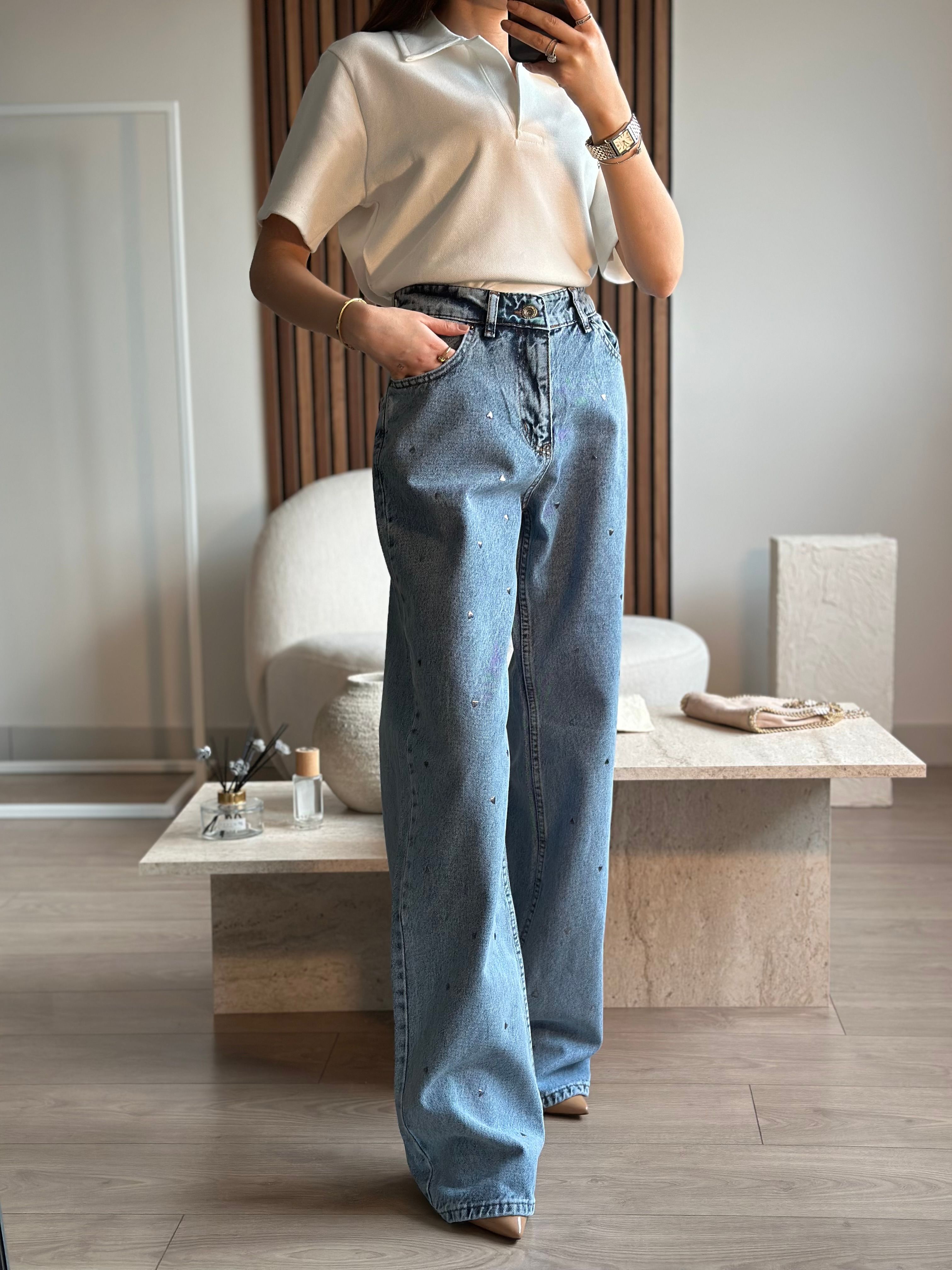 METAL KALP BASKILI YÜKSEL BEL WIDE LEG JEAN