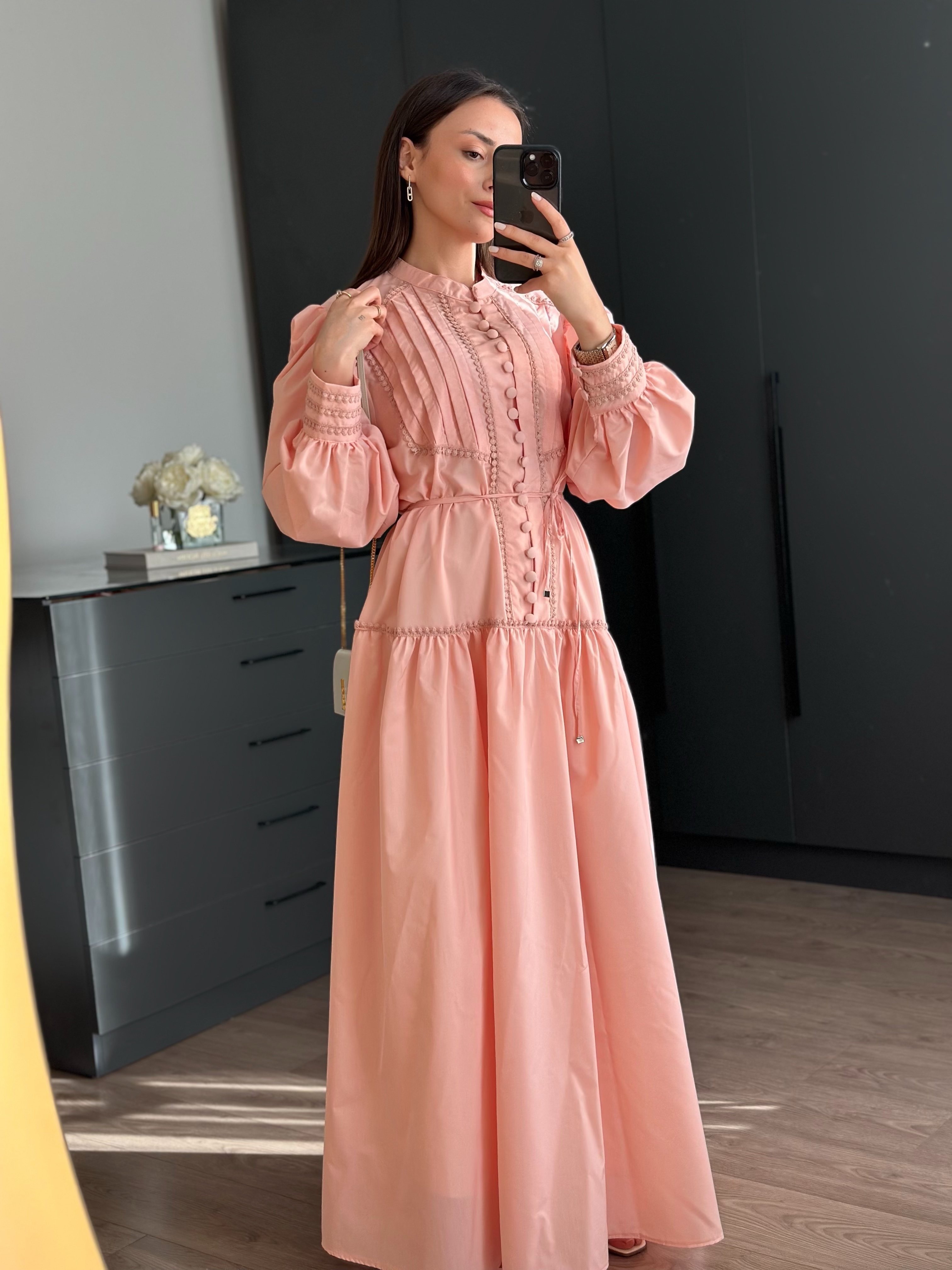 PREMİUM CAMİLLE NERVÜRLÜ DACRON PEMBE ELBİSE