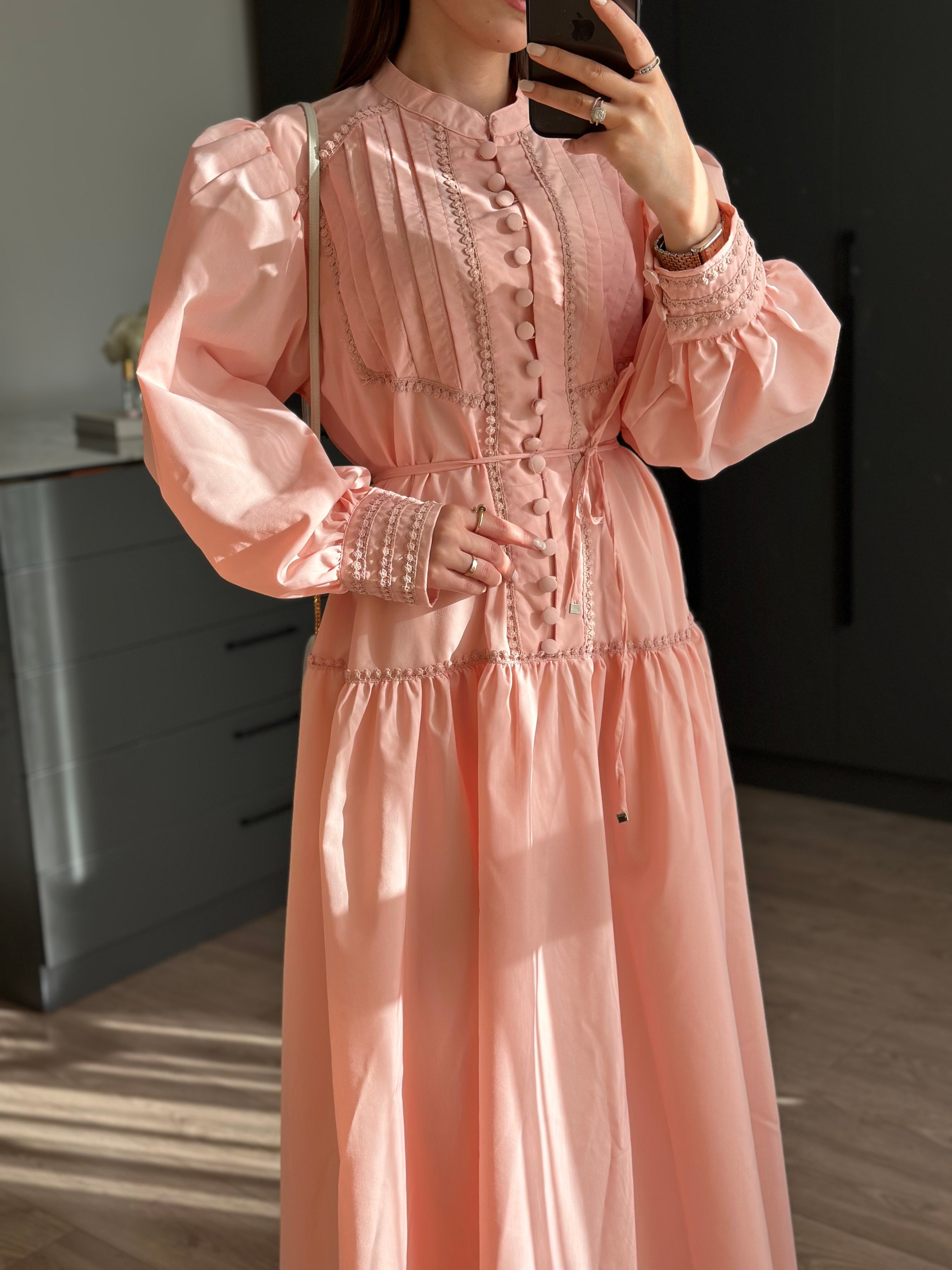 PREMİUM CAMİLLE NERVÜRLÜ DACRON PEMBE ELBİSE