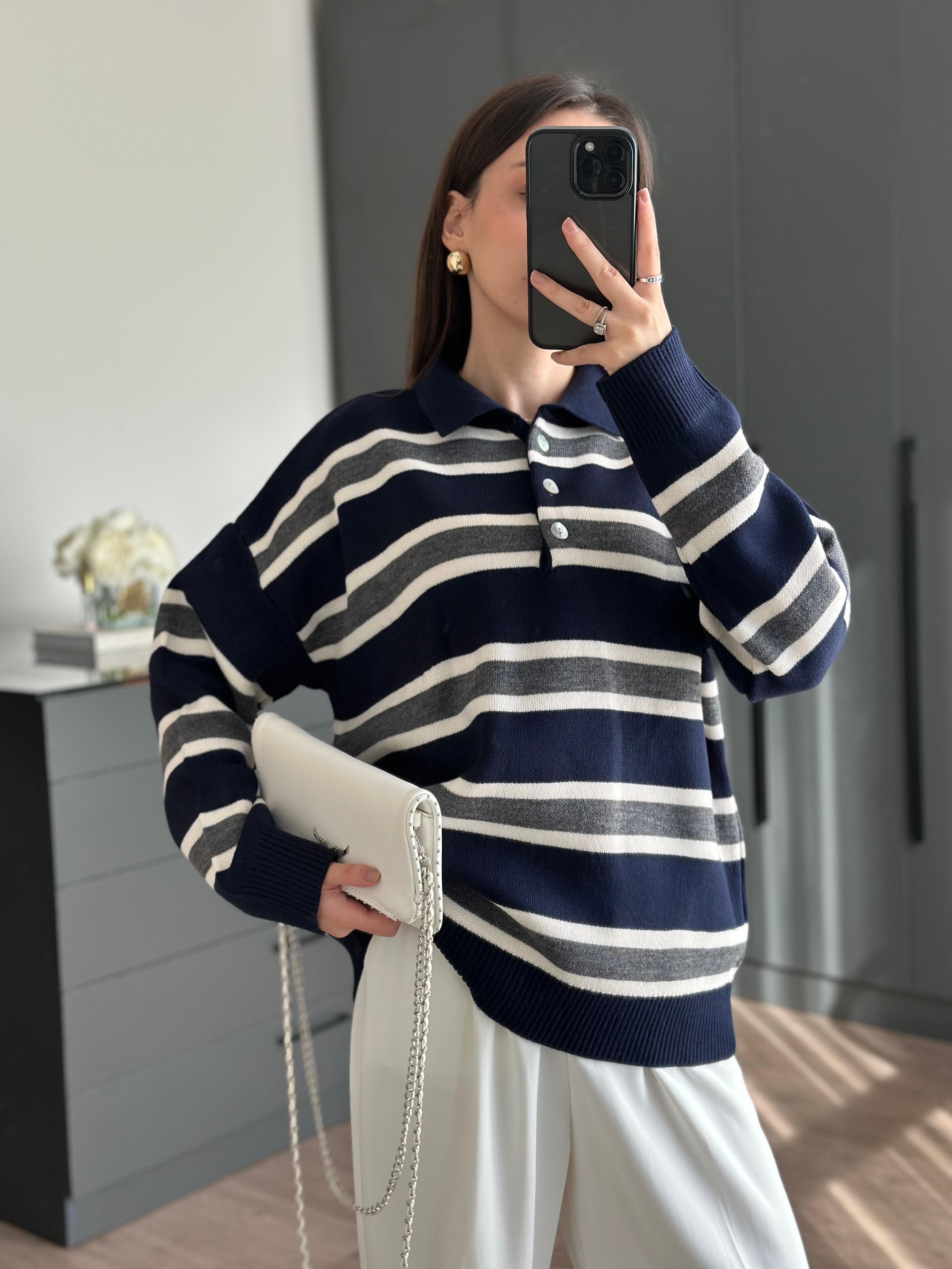 ÇİZGİLİ POLO YAKA MAVİ KAZAK