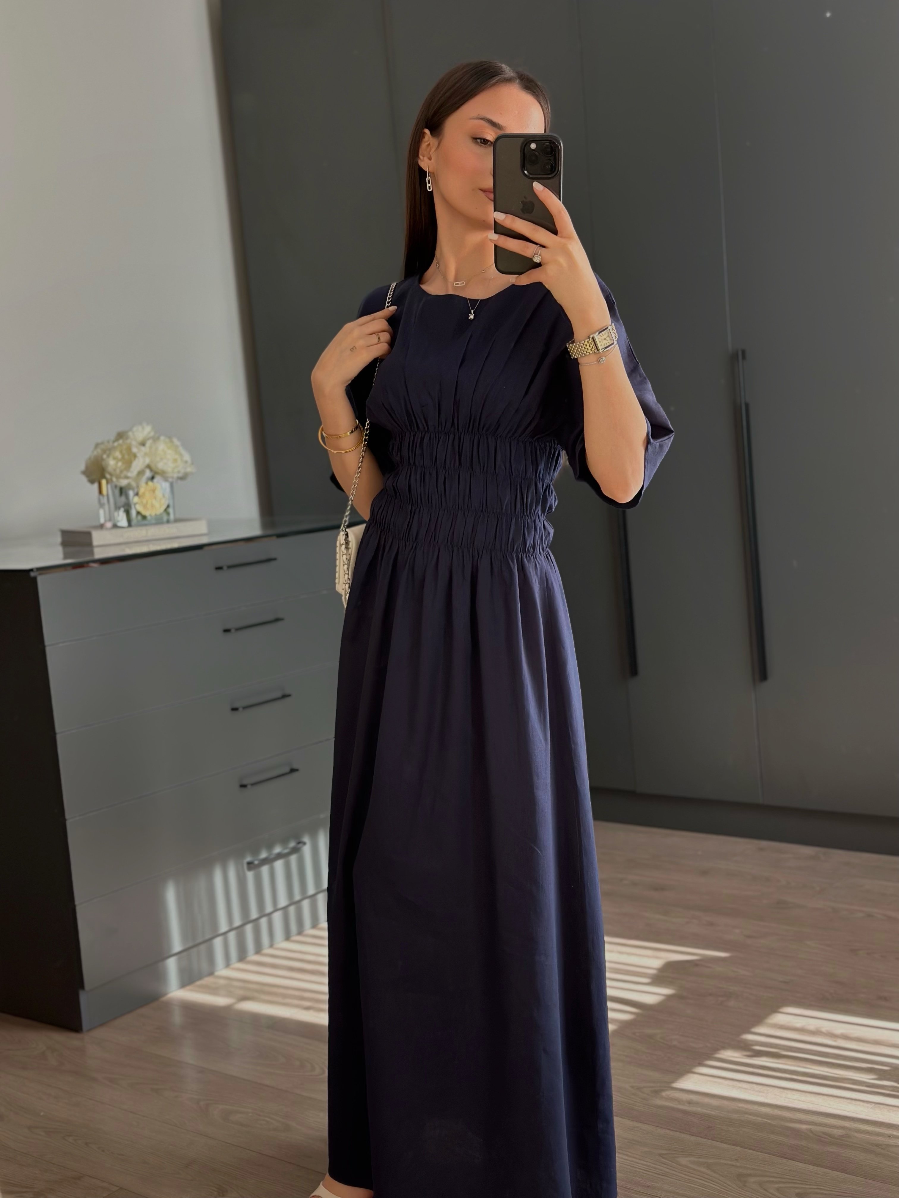 NATUREL KETEN BÜZGÜLÜ ELBİSE