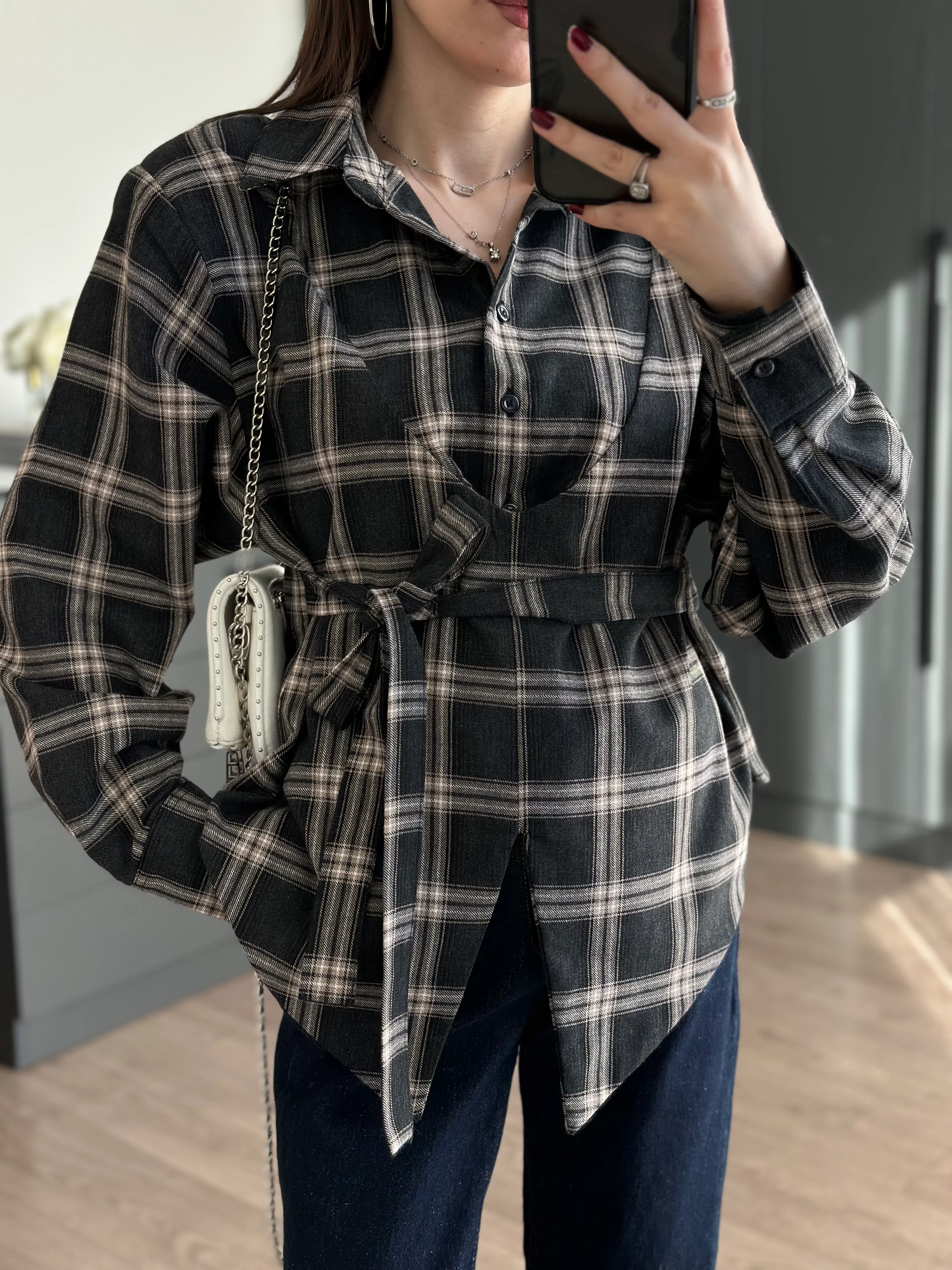 EKOSE DESEN BAĞLAMALI GÖMLEK - Antrasit