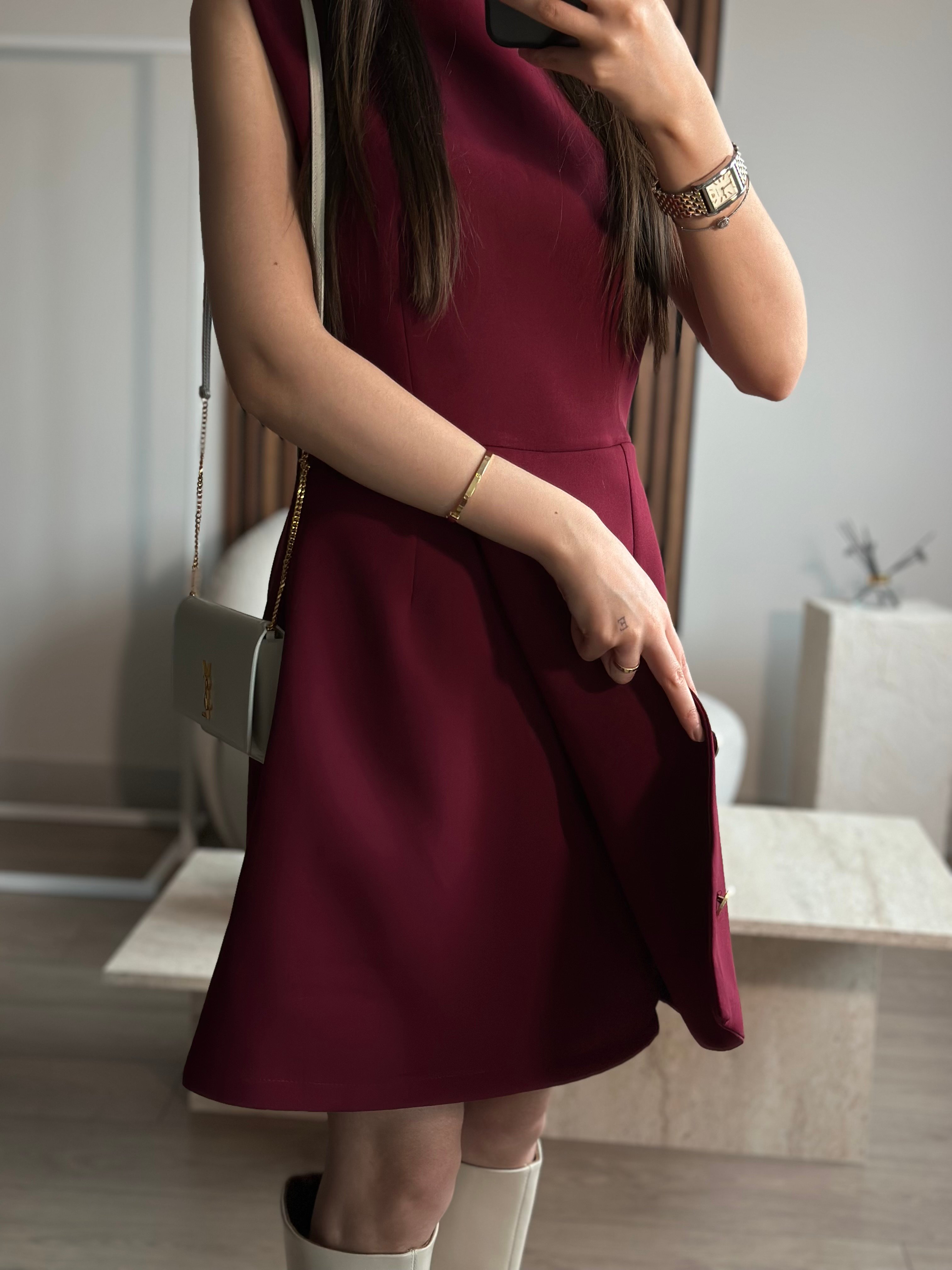 PERLA GOLD DÜĞME DETAYLI BORDO  ELBİSE