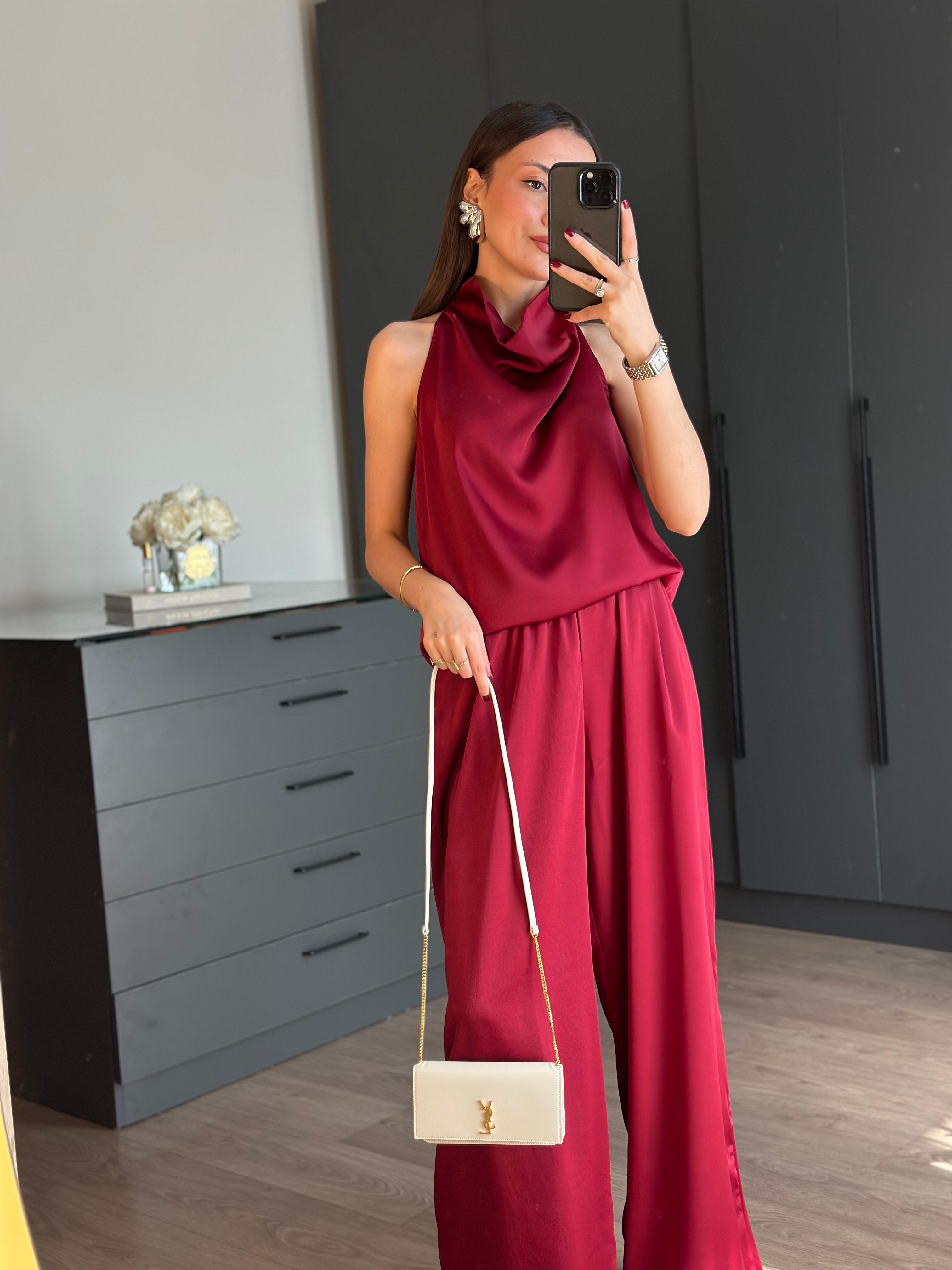 BORDO SATEN BLUZ PANTOLON TAKIM