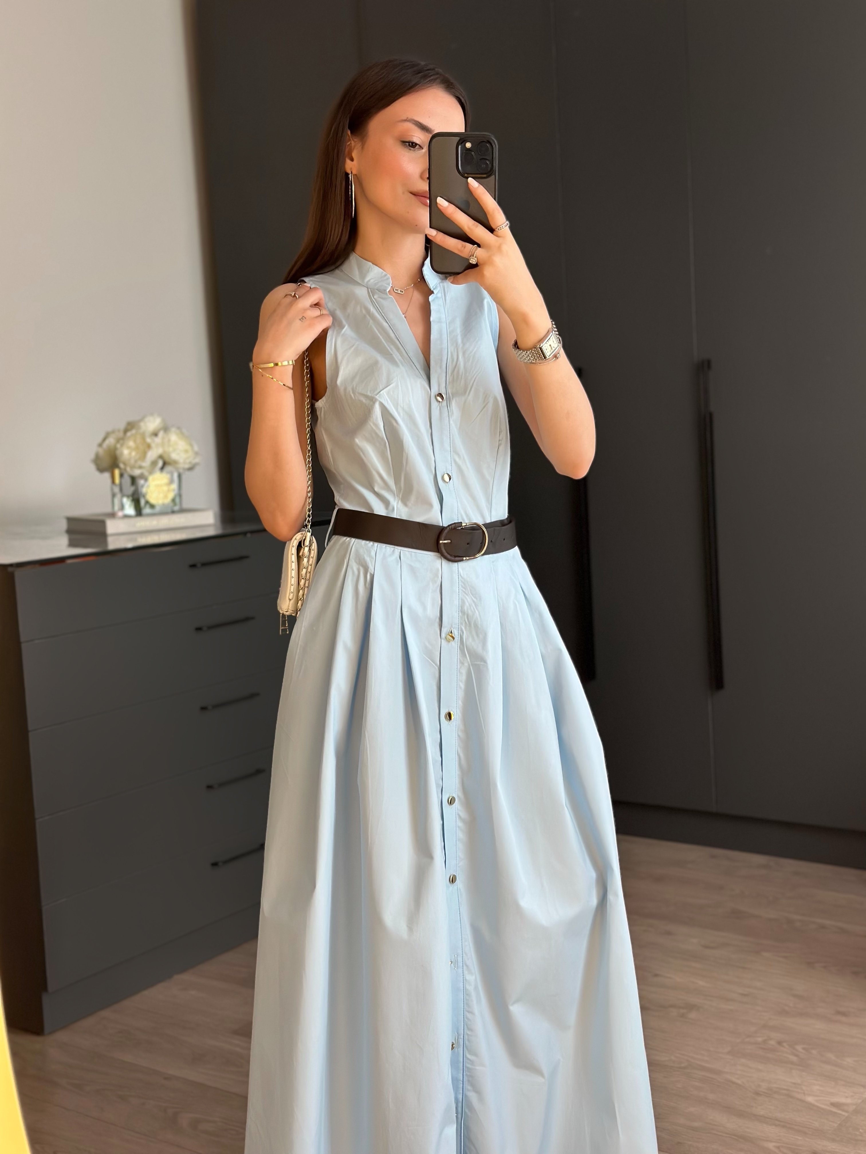 MOLYNA MAVİ KEMERLİ POPLİN ELBİSE