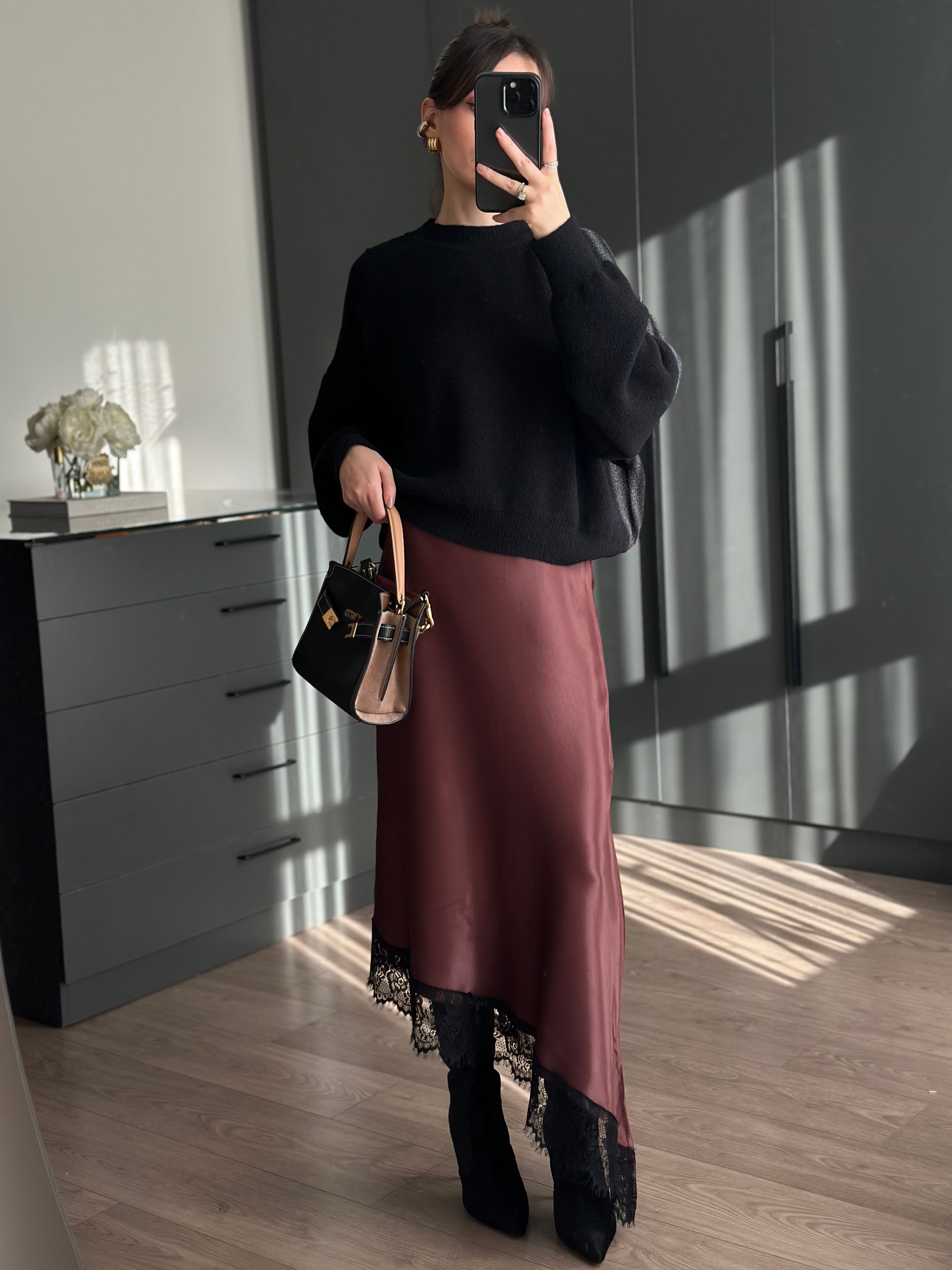 DANTEL UÇLU SATEN BORDO MİDİ ETEK