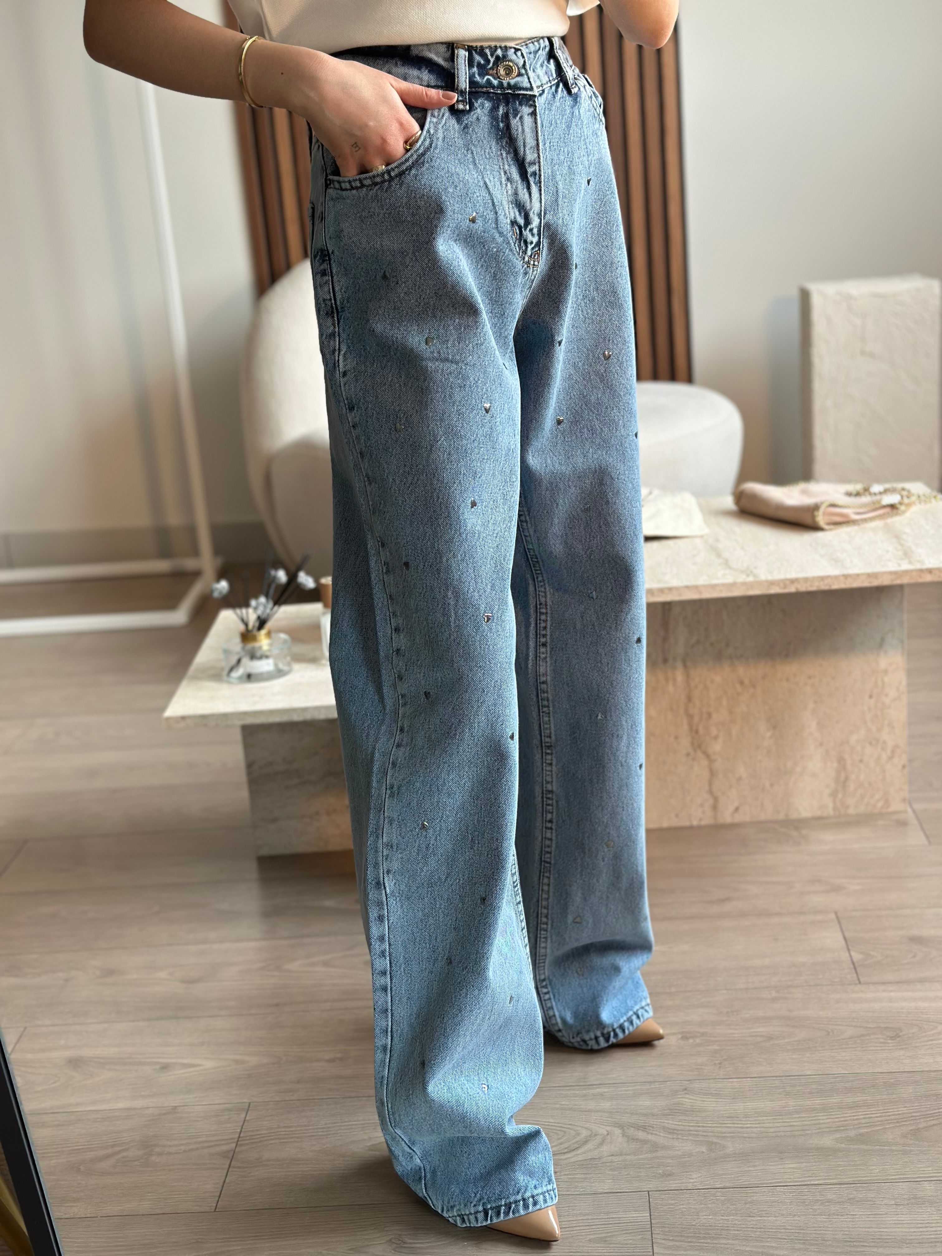 METAL KALP BASKILI YÜKSEL BEL WIDE LEG JEAN