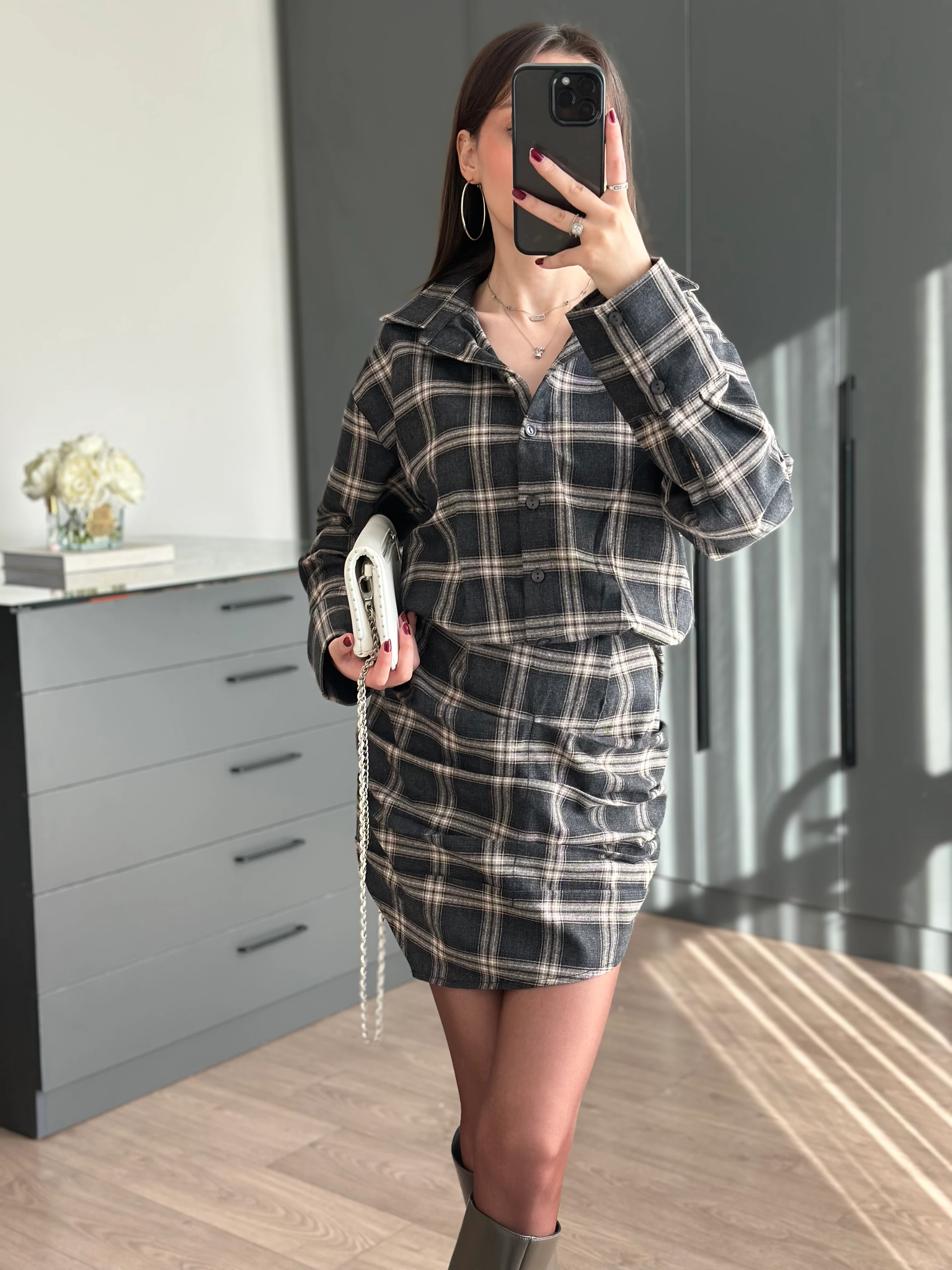 EKOSE DESENLİ ELBİSE - Antrasit