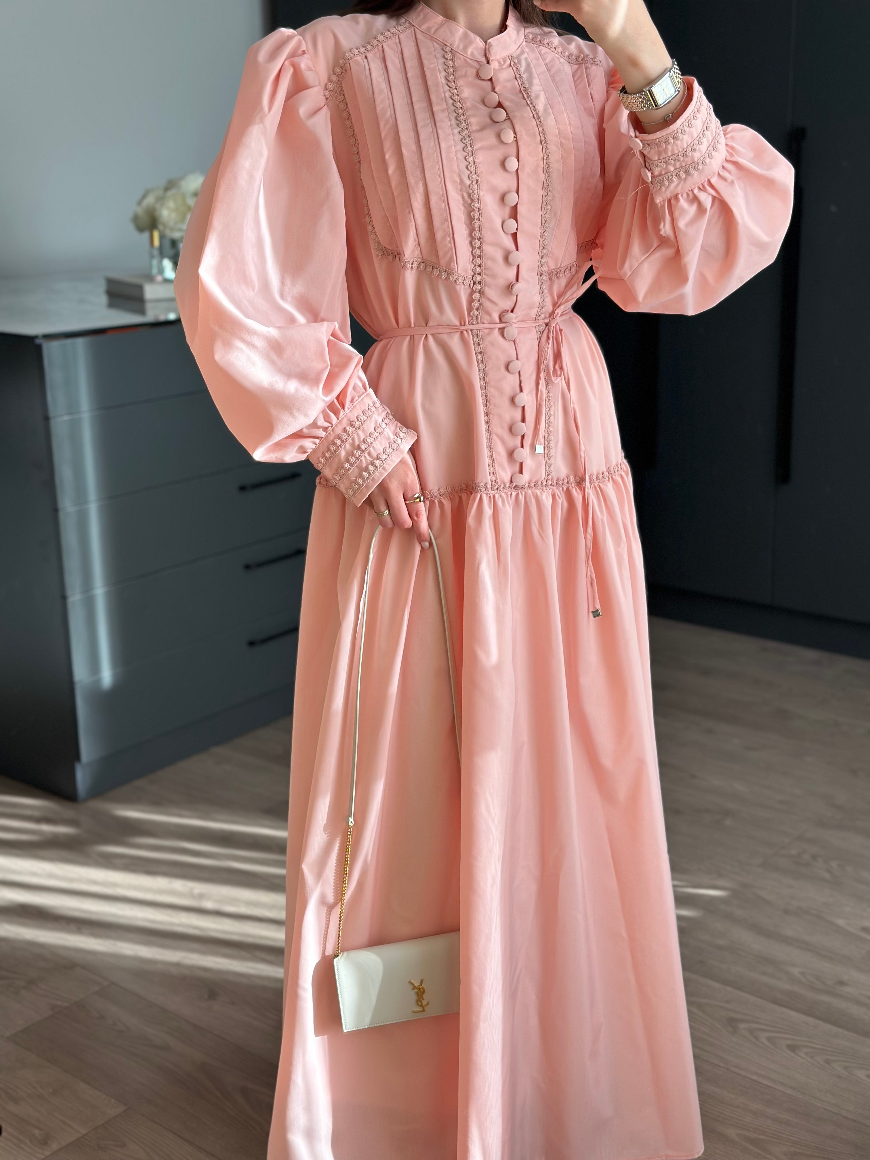 PREMİUM CAMİLLE NERVÜRLÜ DACRON PEMBE ELBİSE