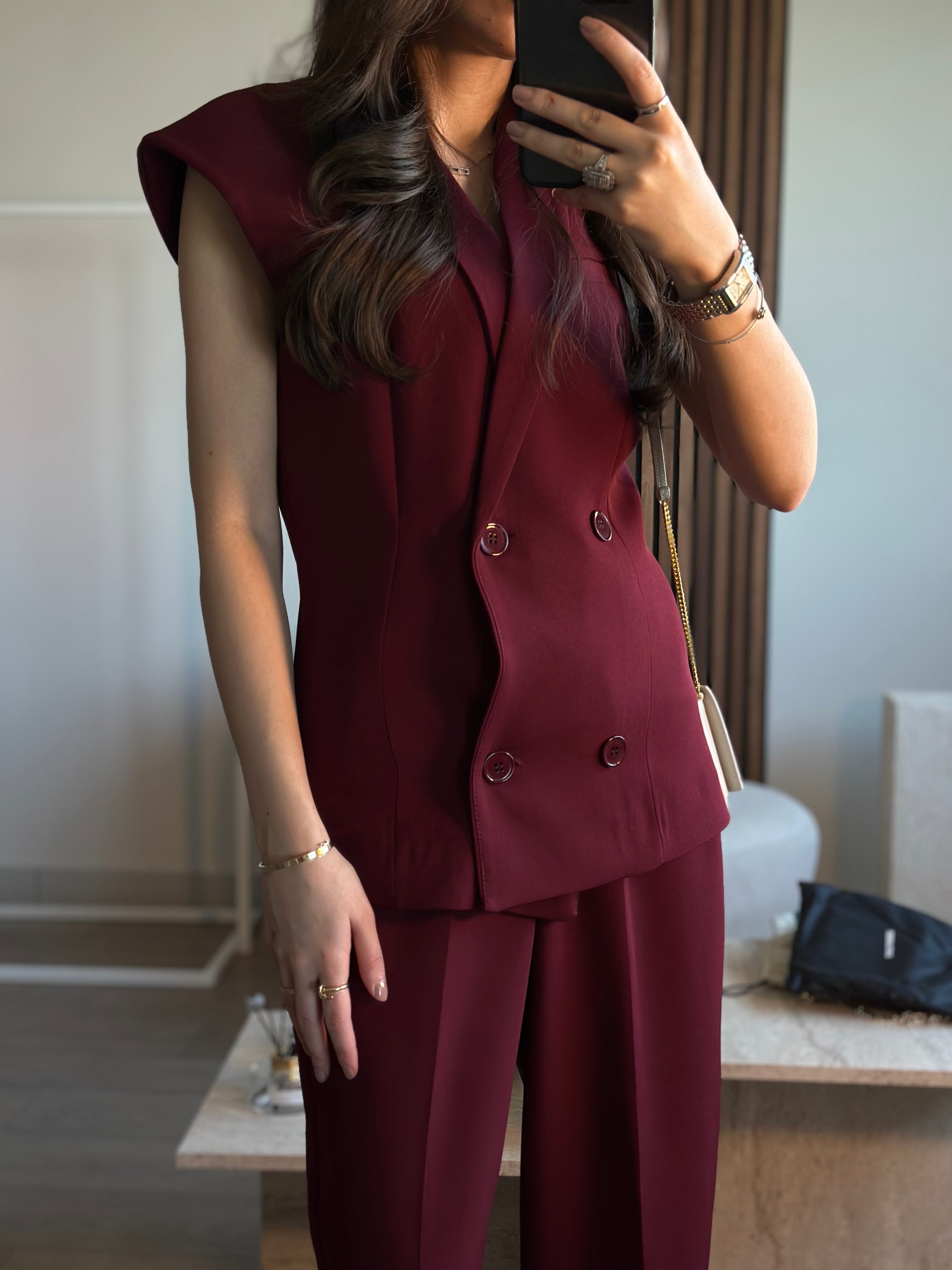 BORDO TASARIM V YAKA YELEK PANTOLON TAKIM