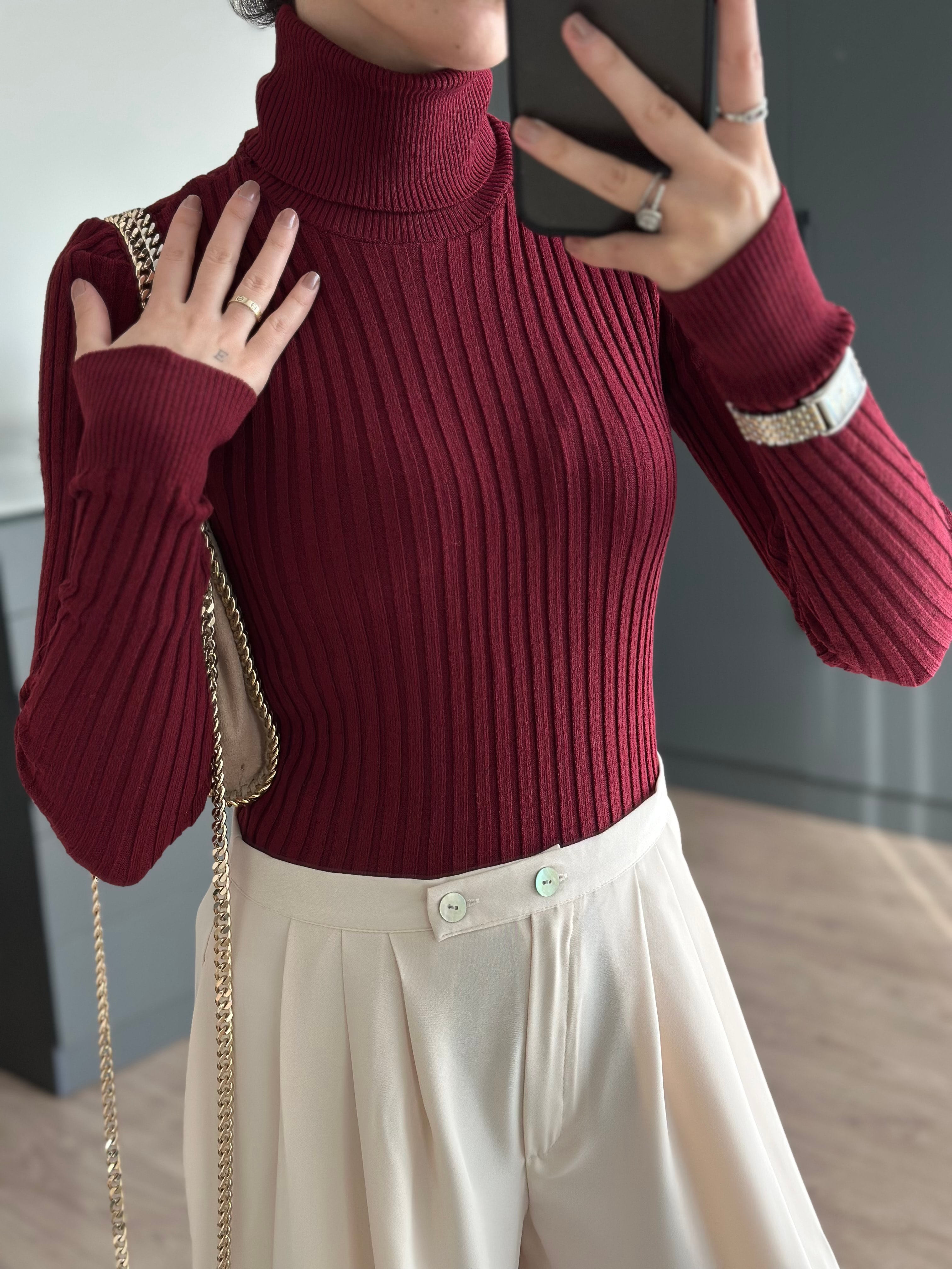 FİTİLLİ BOĞAZLI TRİKO BORDO KAZAK 