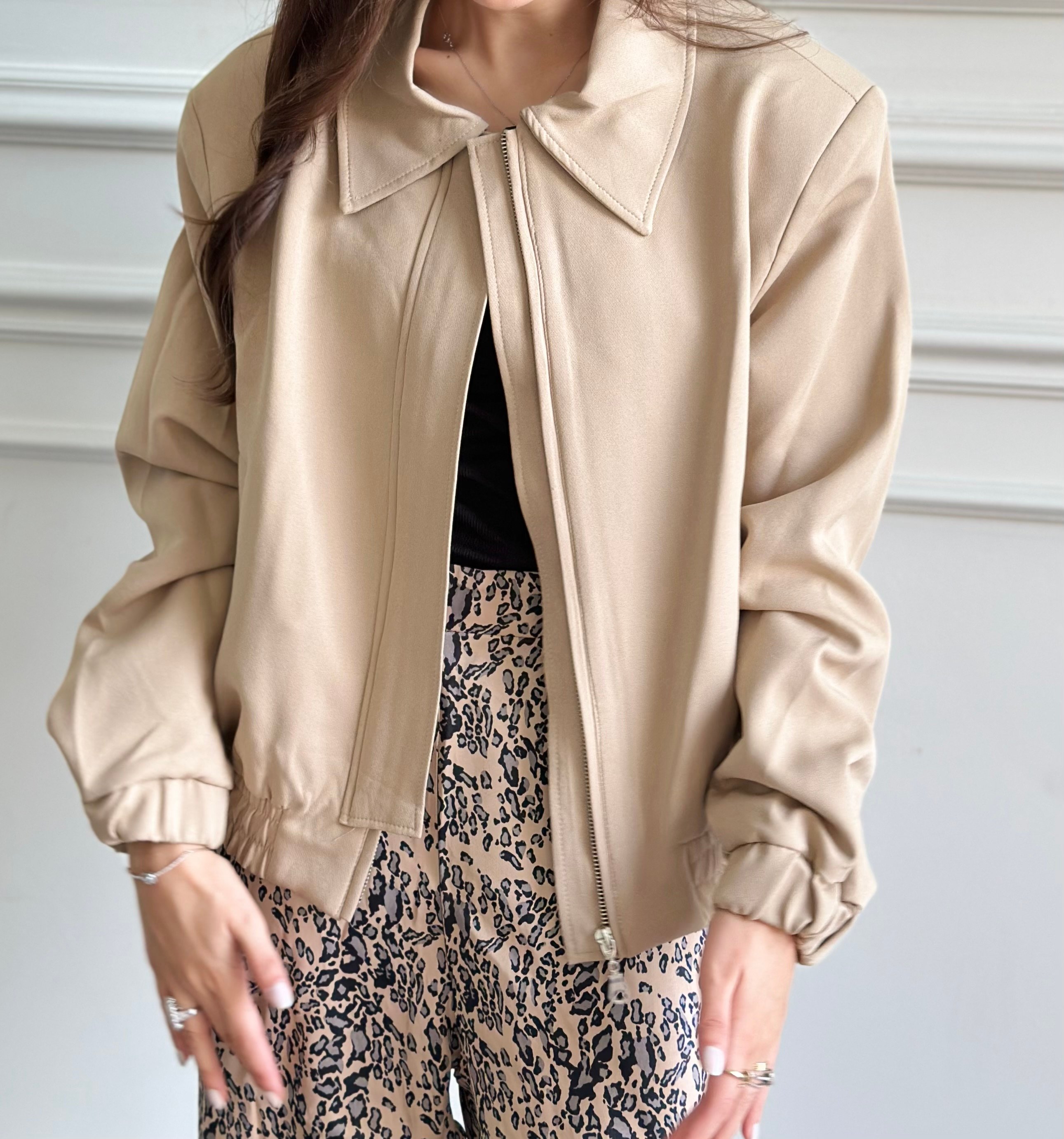 Beige Padded Bomber Jacket