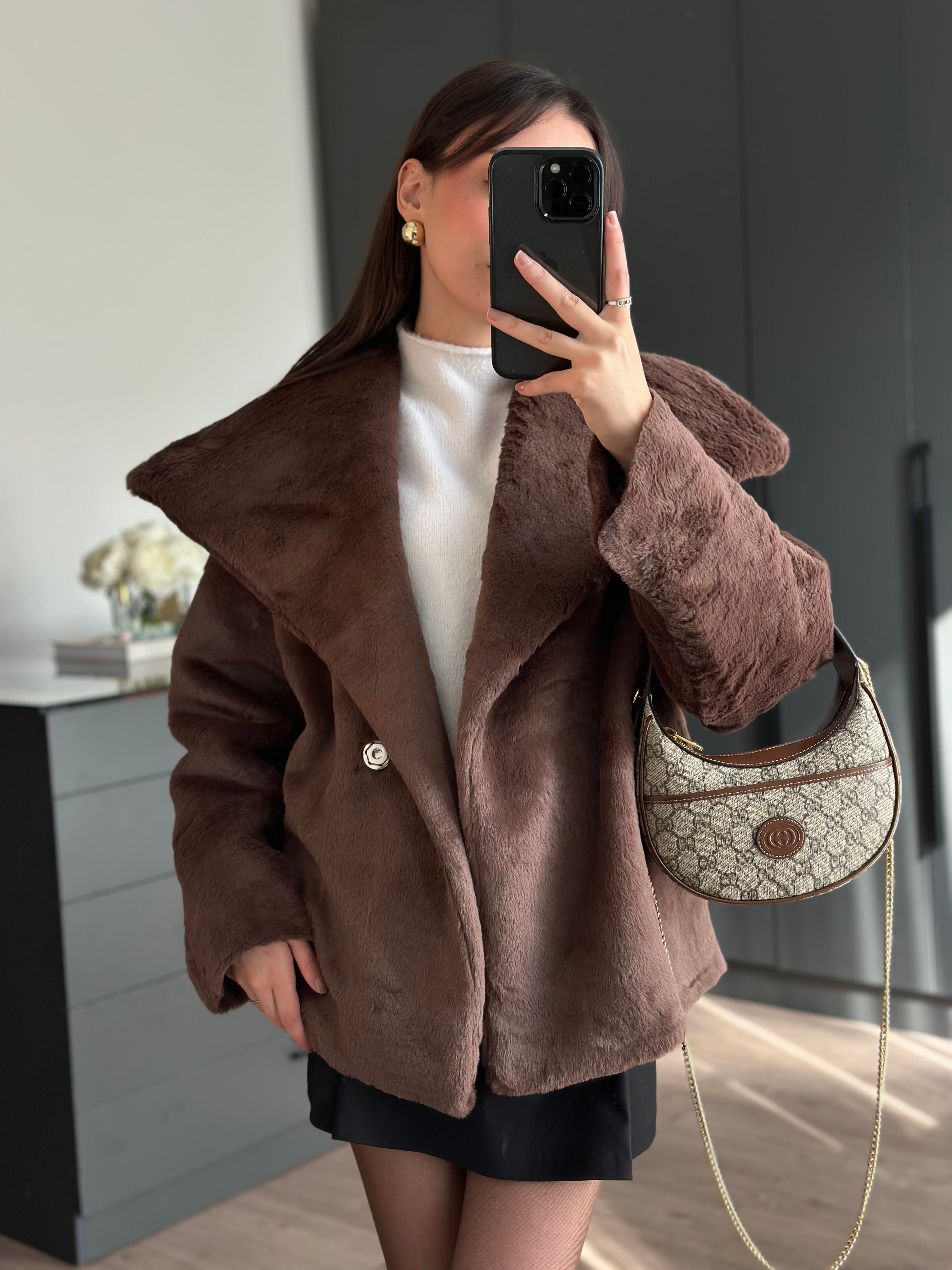 PELUŞ TASARIM YAKA ACI KAHVE CEKET 