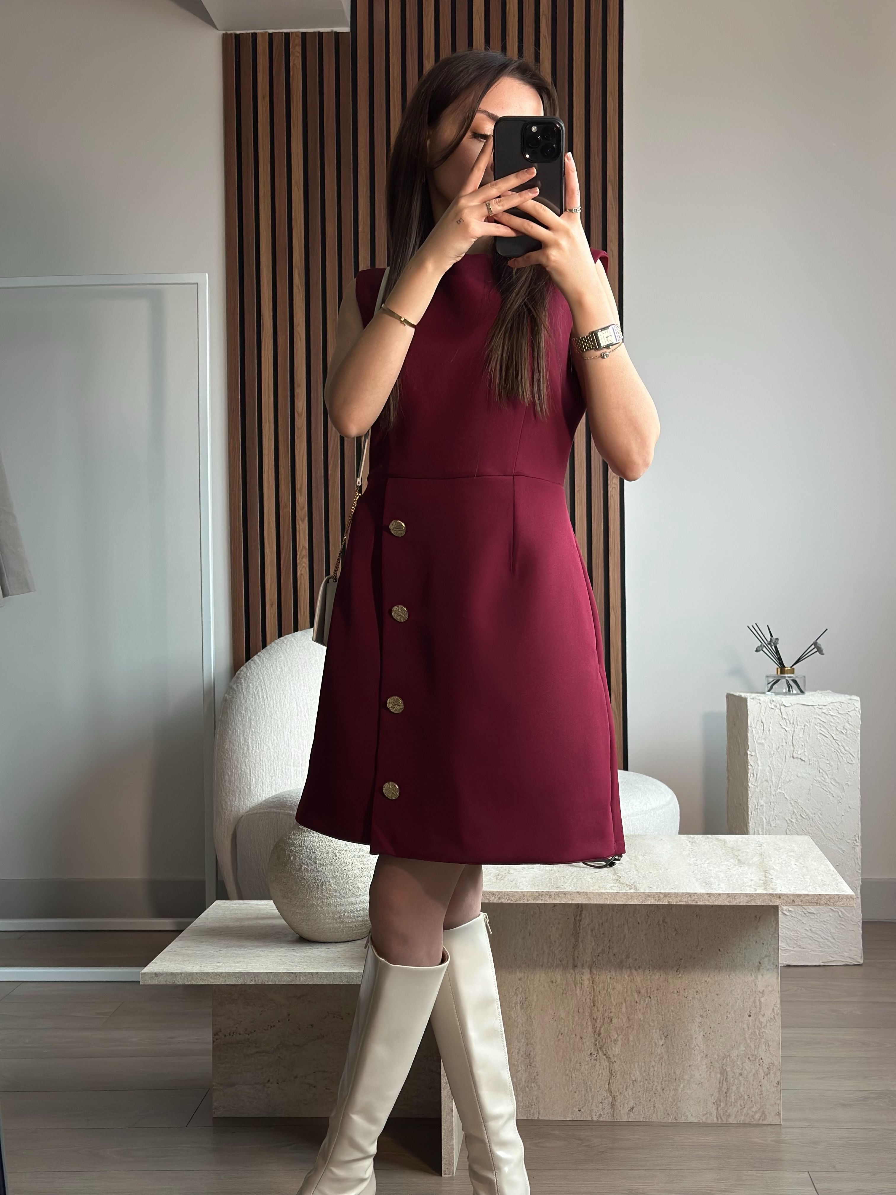 PERLA GOLD DÜĞME DETAYLI BORDO  ELBİSE