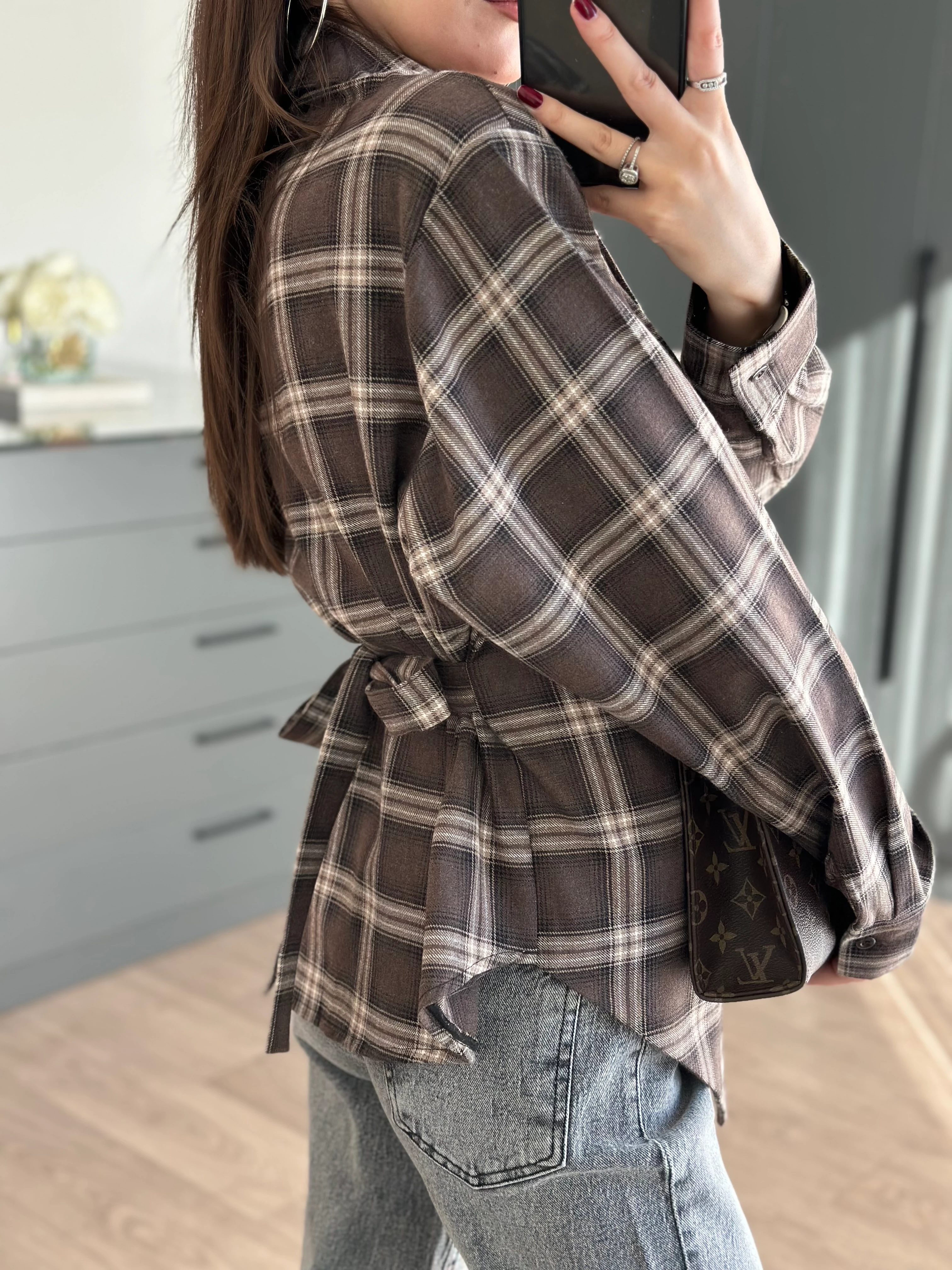 EKOSE DESEN BAĞLAMALI GÖMLEK - Kahve