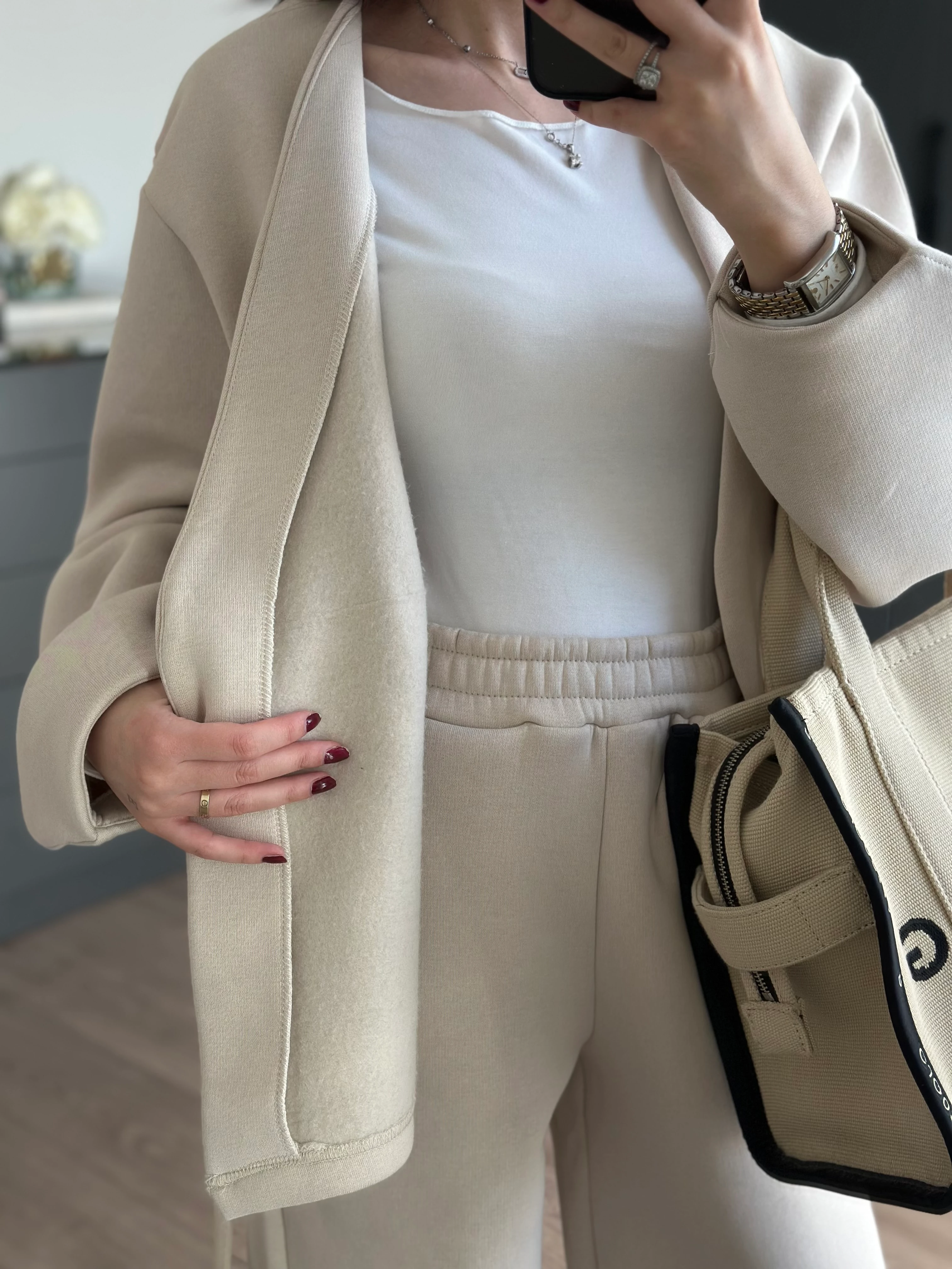 KUŞAKLI ŞARDONLU TAKIM - Ekru