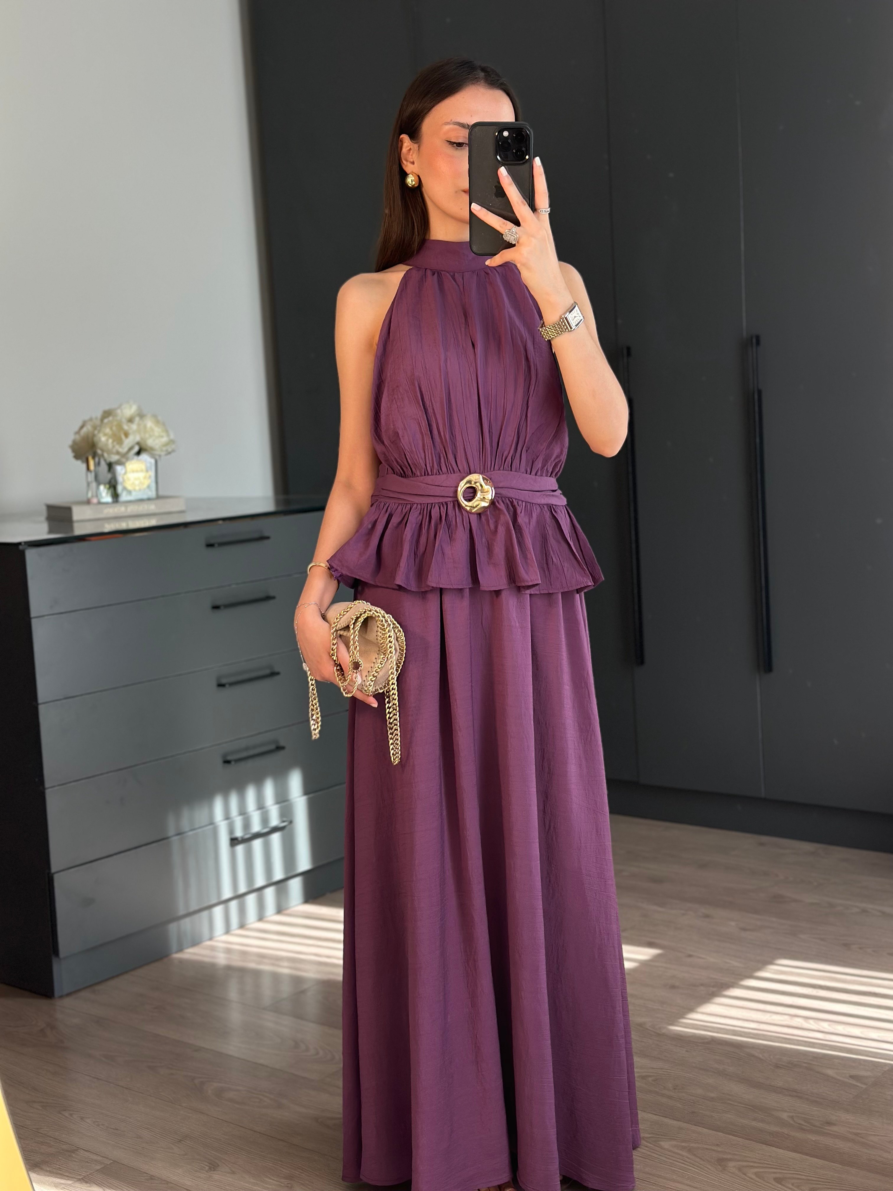 HALTER YAKA BLUZ ETEK MOR TAKIM