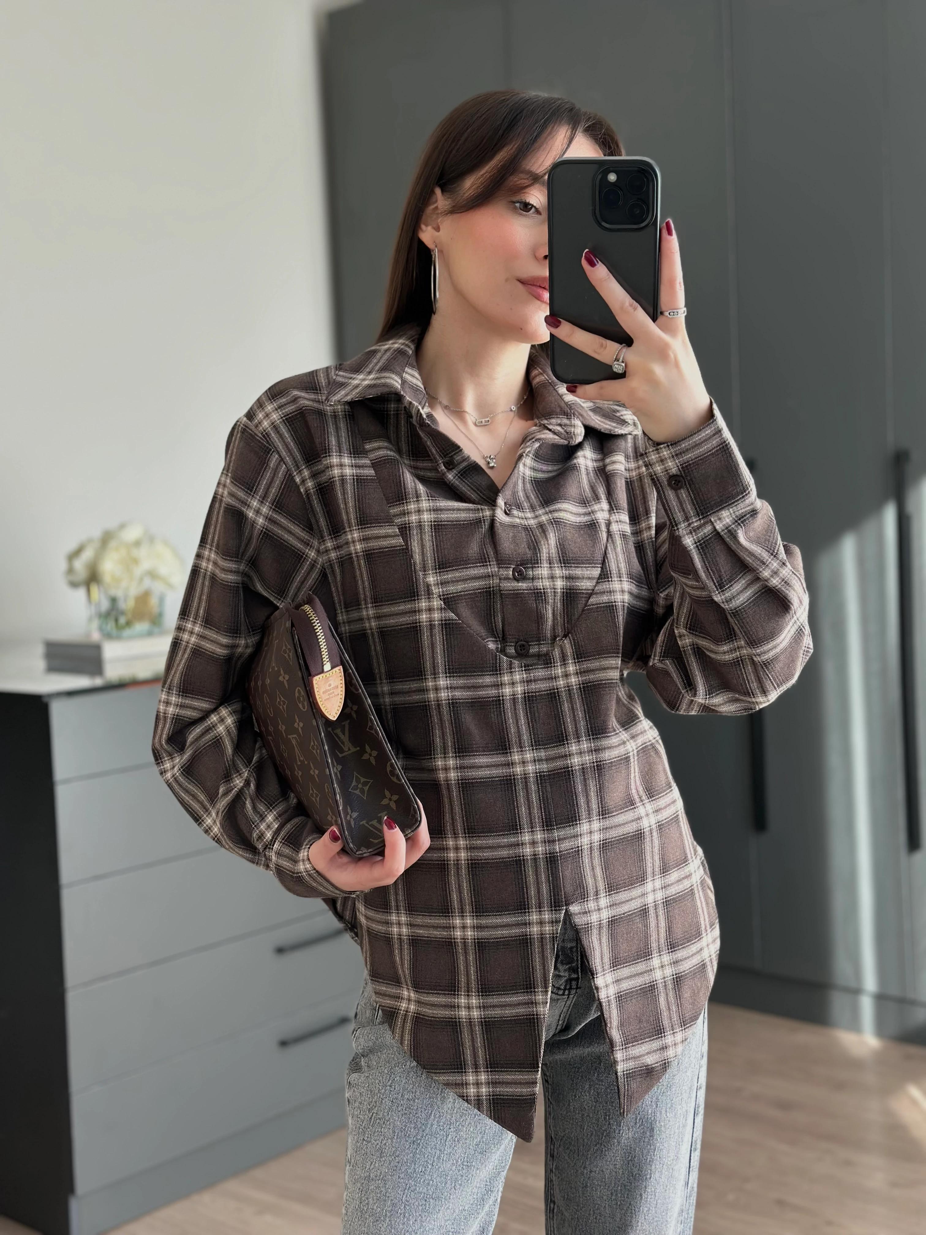 EKOSE DESEN BAĞLAMALI GÖMLEK - Kahve