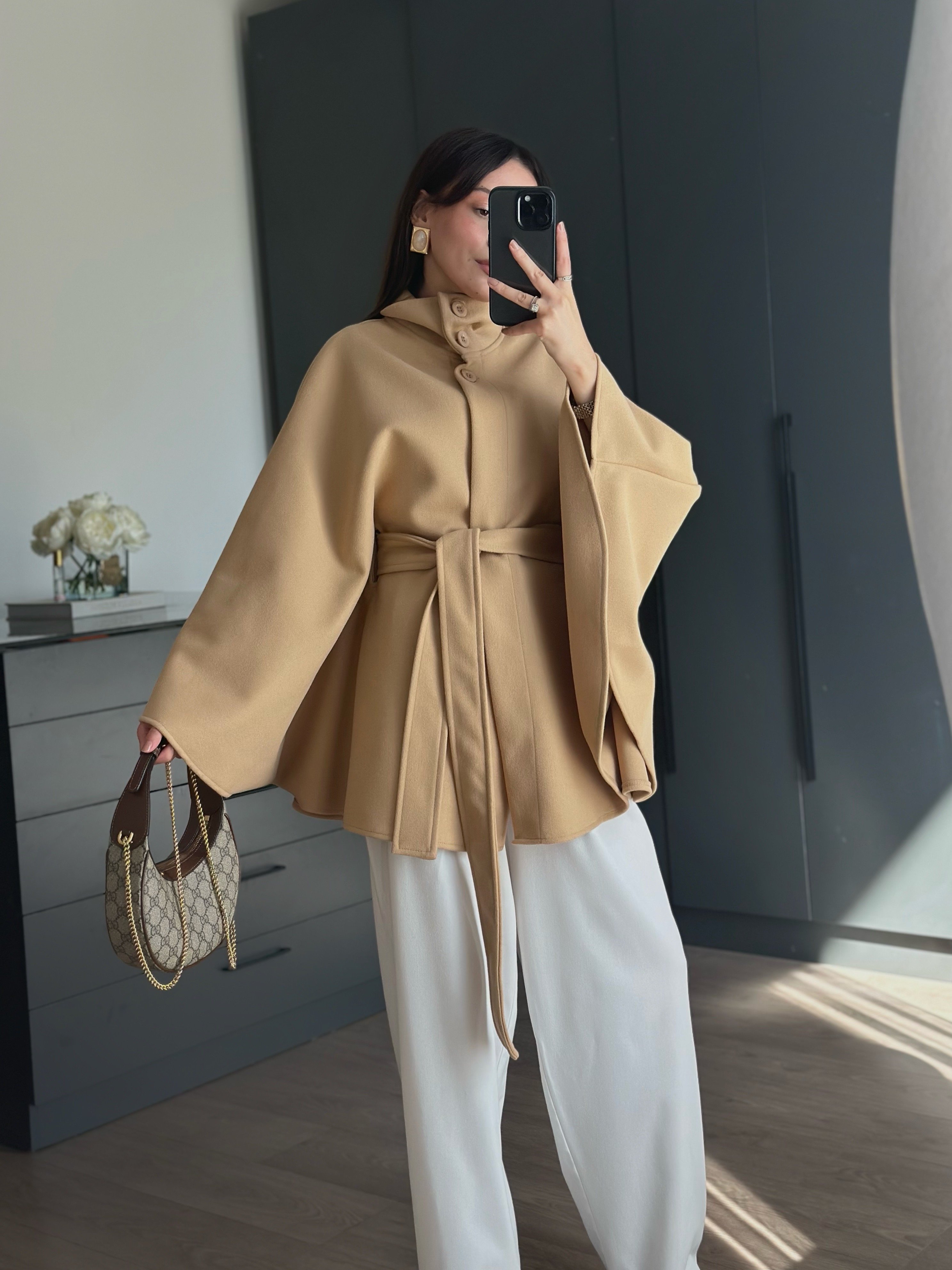 CAMEL DİK YAKA BAĞLAMALI PANÇO