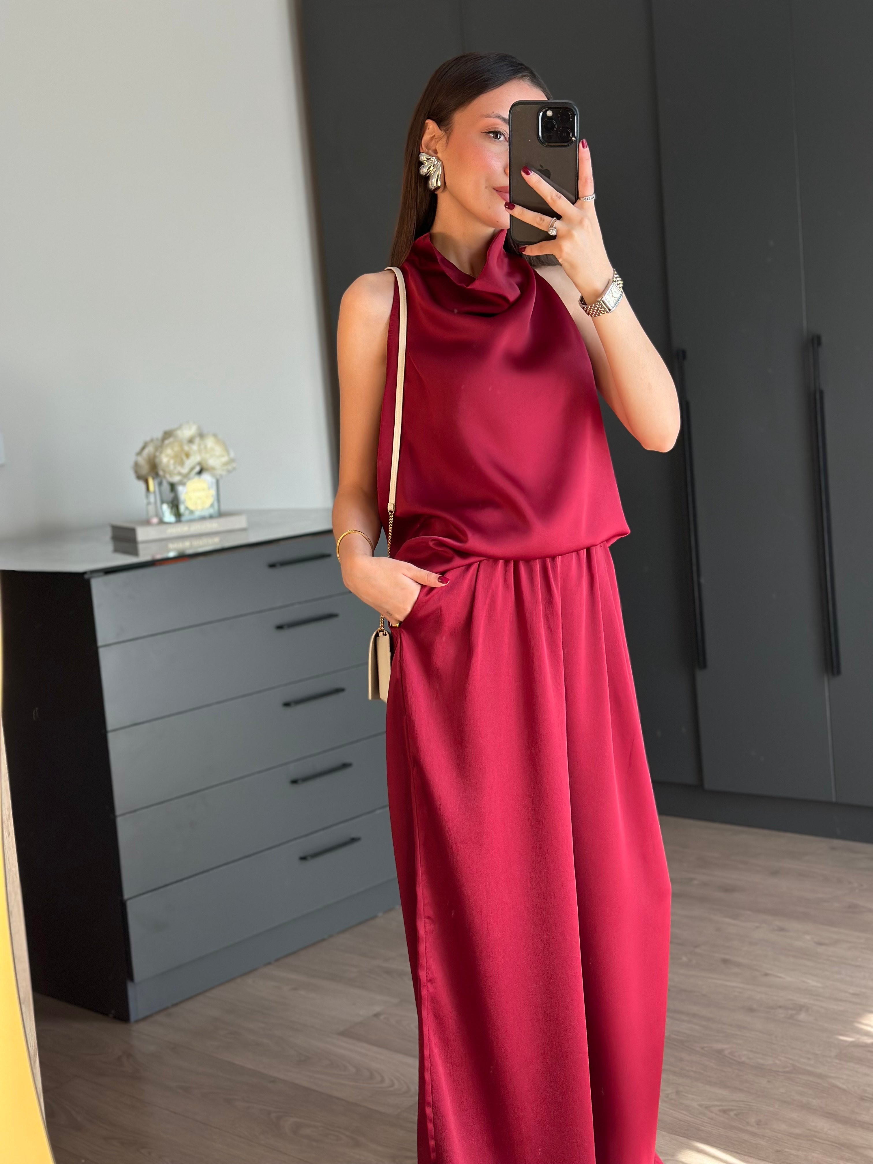 BORDO SATEN BLUZ PANTOLON TAKIM