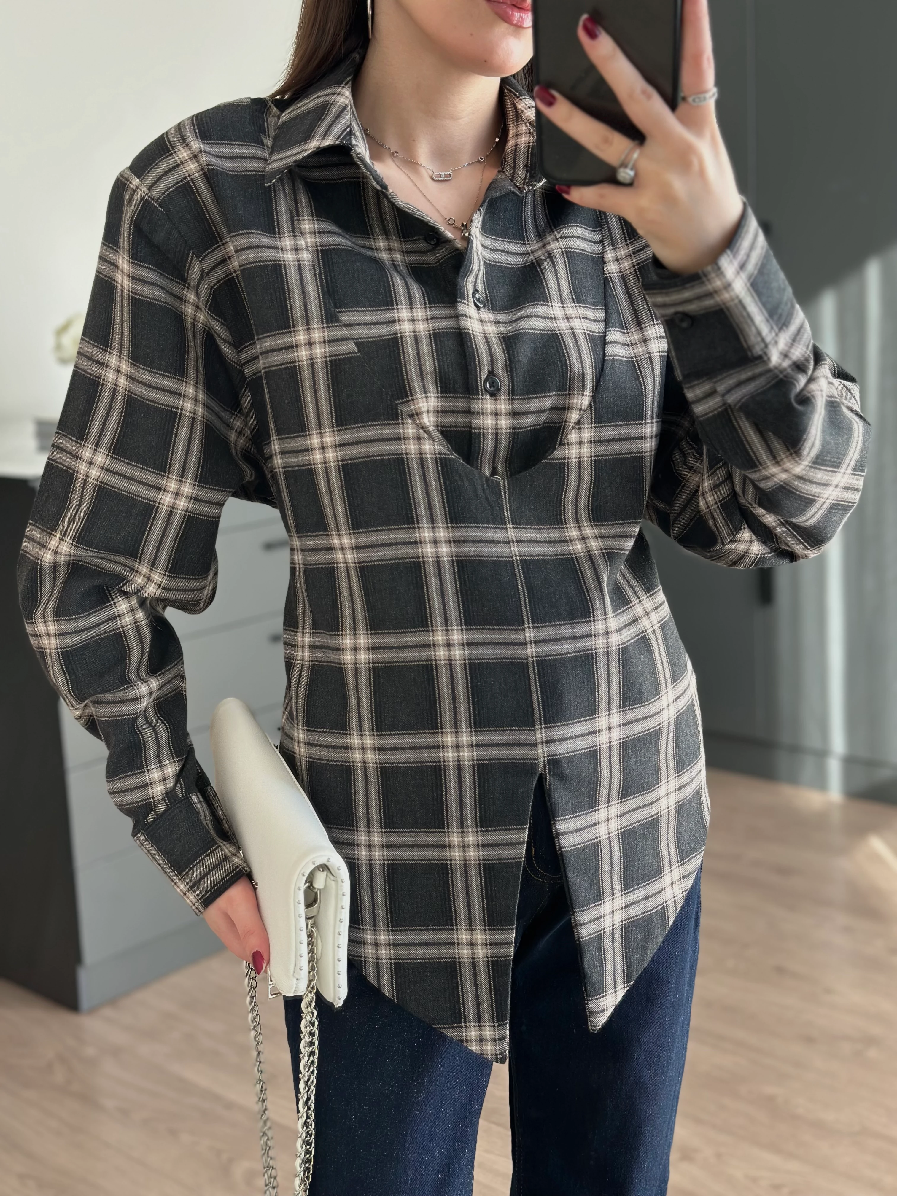 EKOSE DESEN BAĞLAMALI GÖMLEK - Antrasit