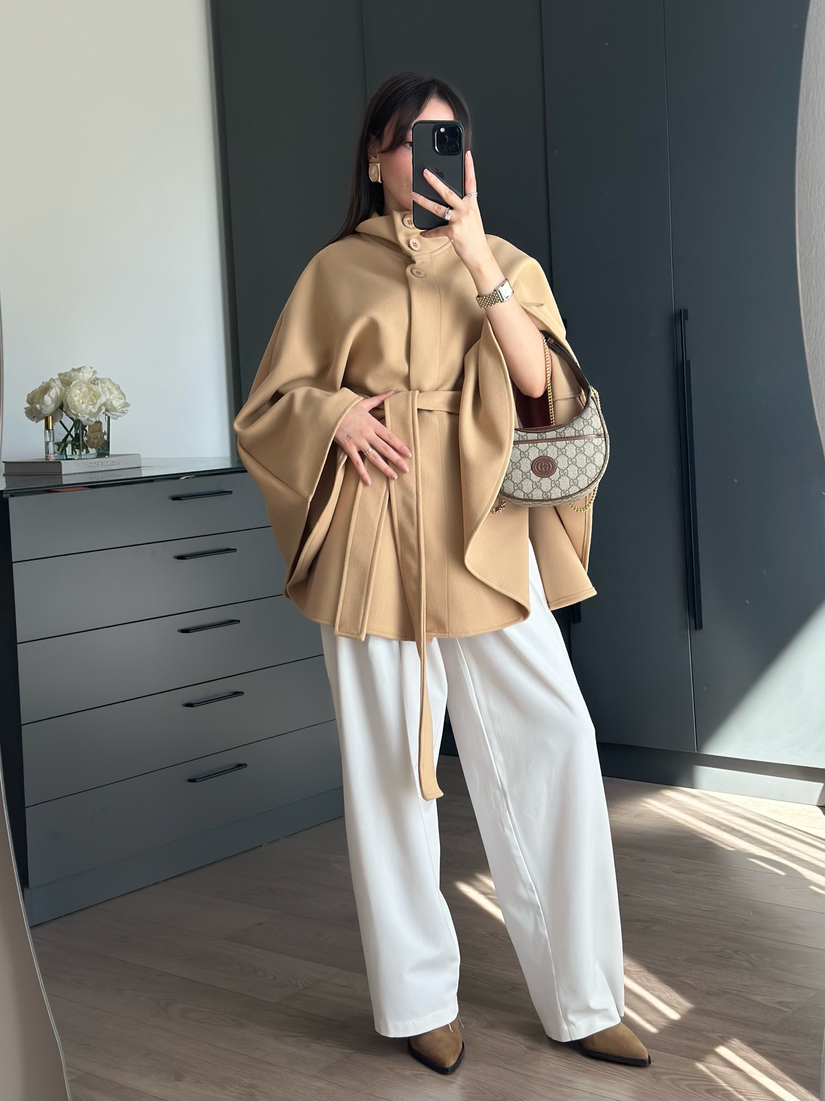 CAMEL DİK YAKA BAĞLAMALI PANÇO