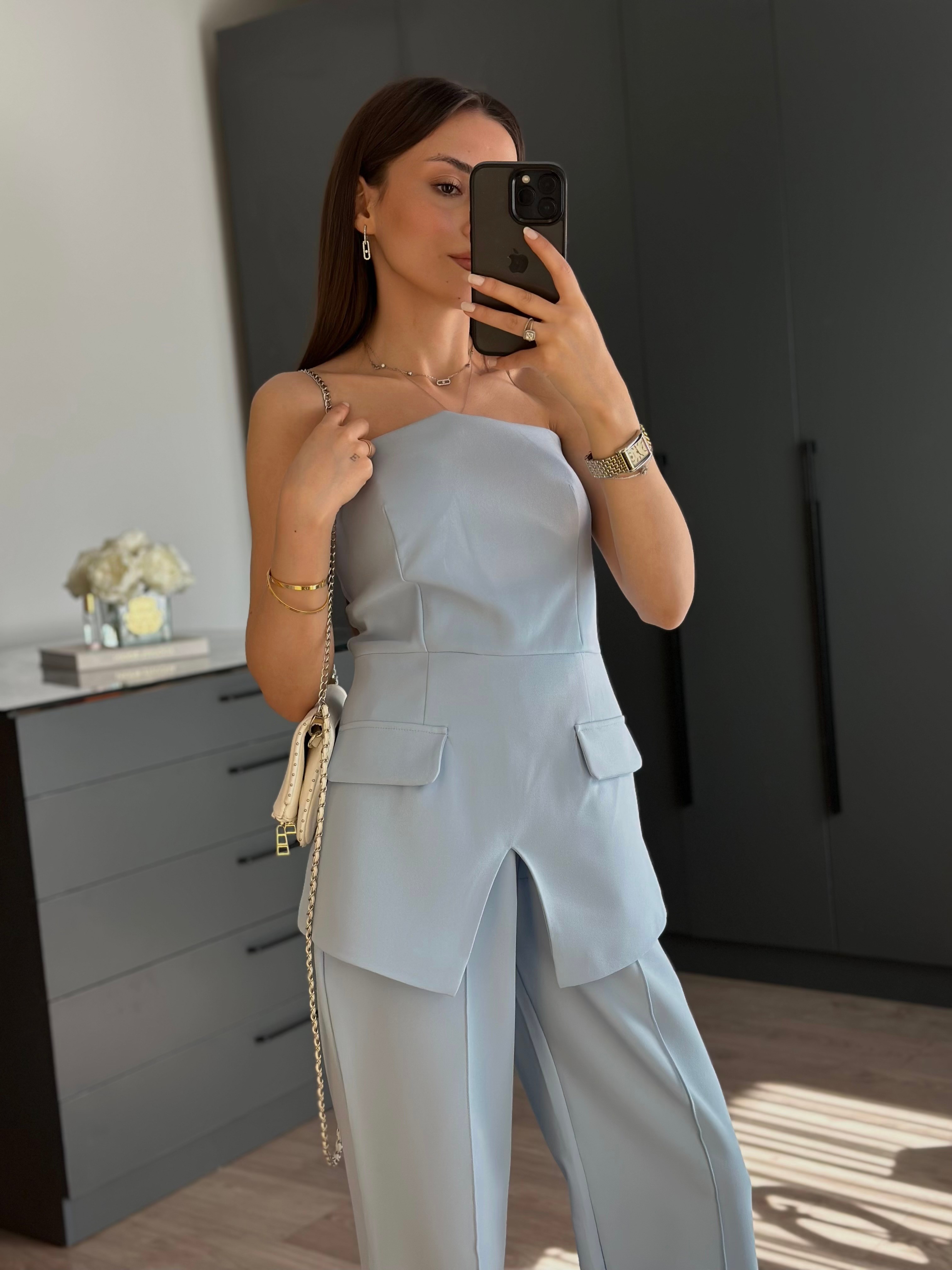 BEBE MAVİSİ STRAPLEZ TASARIM TAKIM