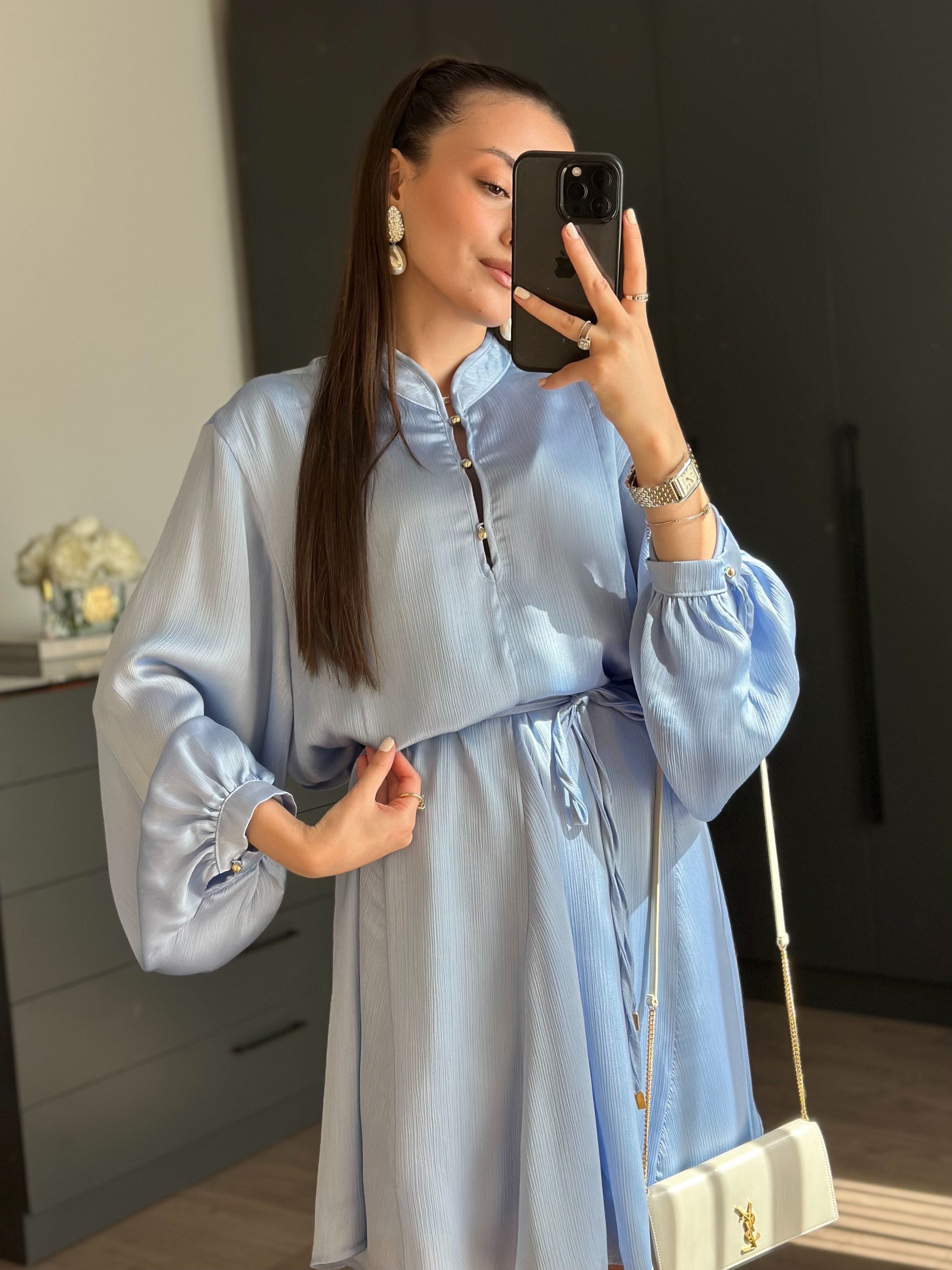 TASARIM YAKA DETAYLI MAVİ ELBİSE
