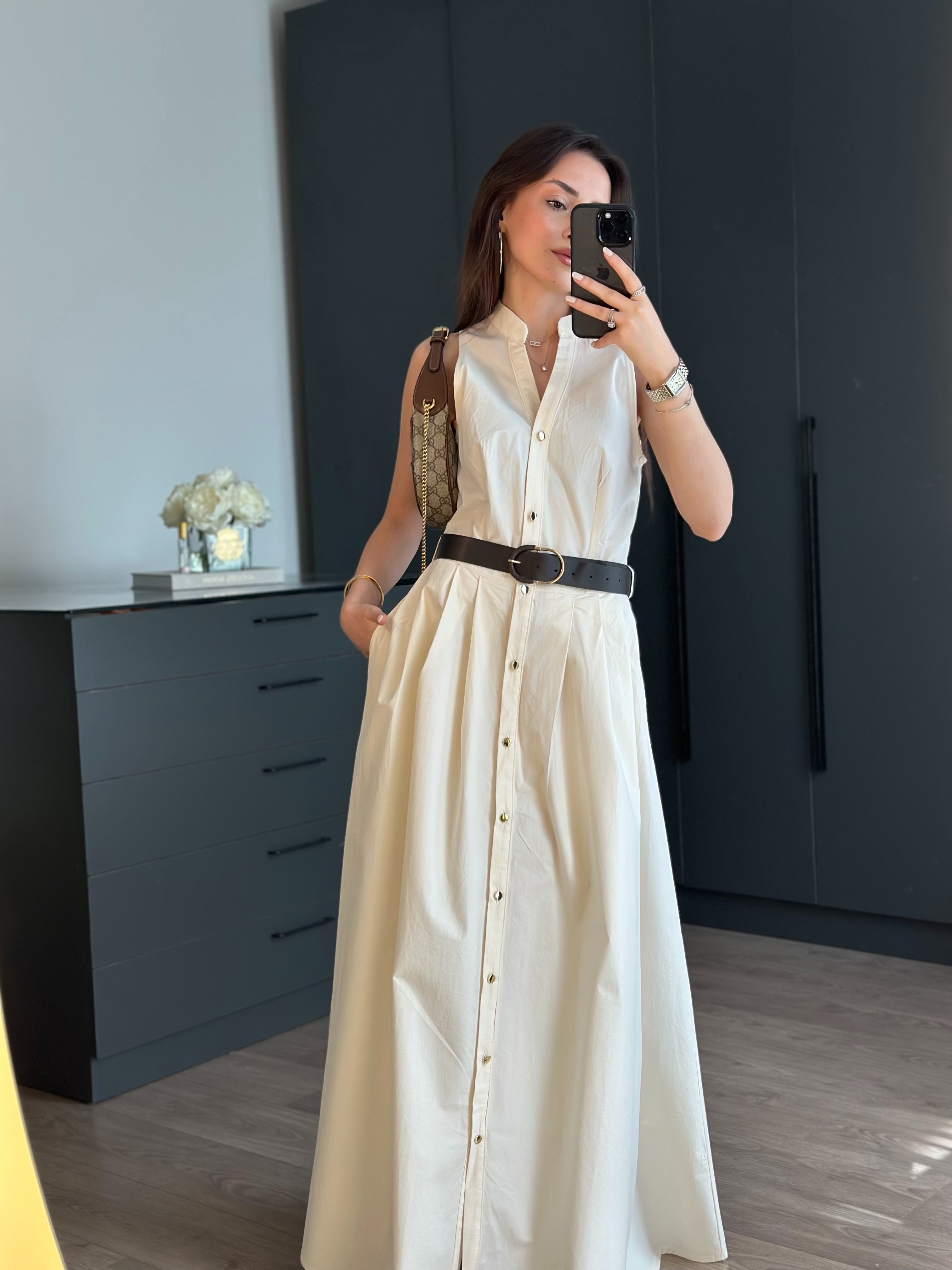 MOLYNA BEJ KEMERLİ POPLİN ELBİSE