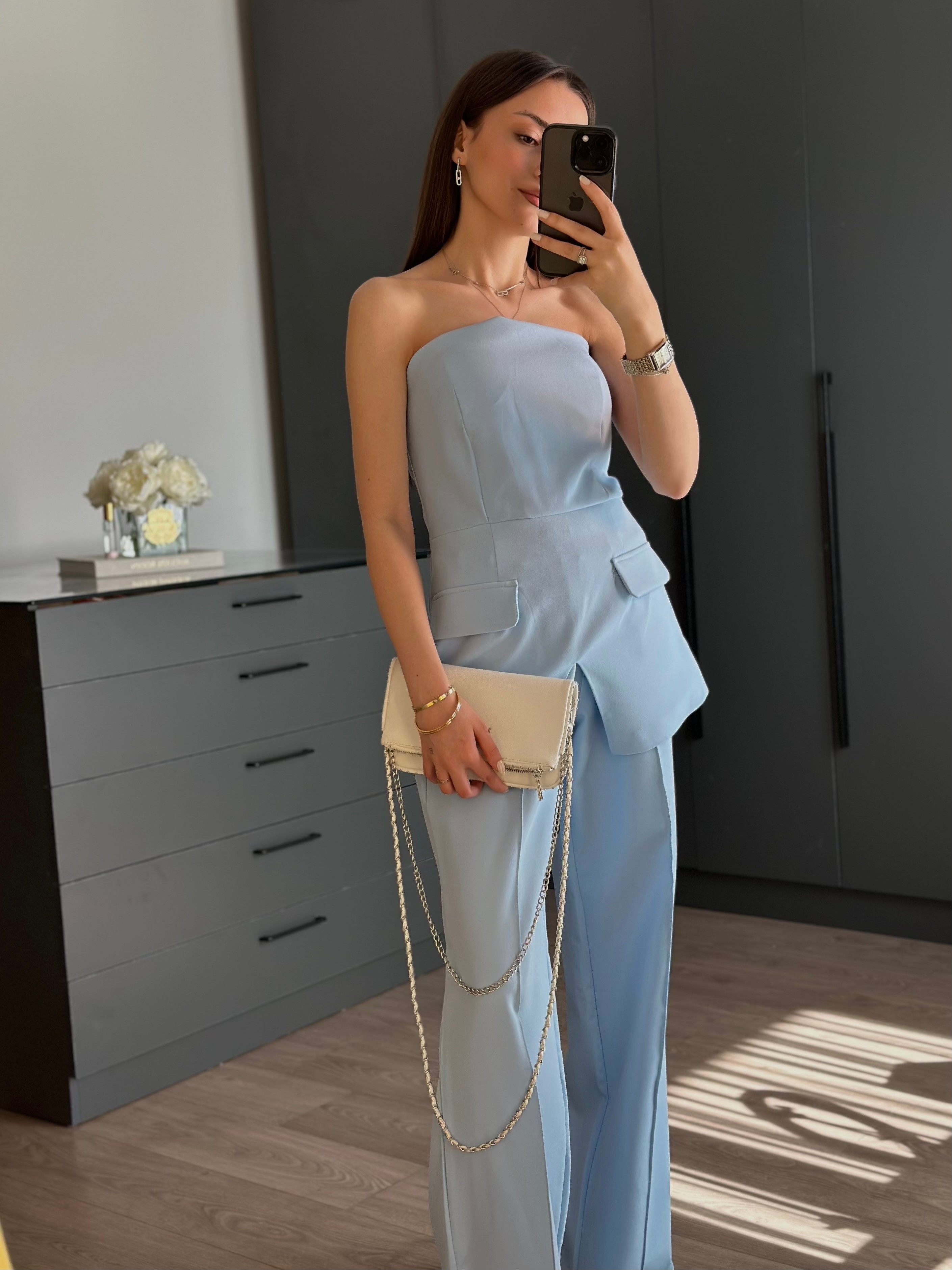 BEBE MAVİSİ STRAPLEZ TASARIM TAKIM