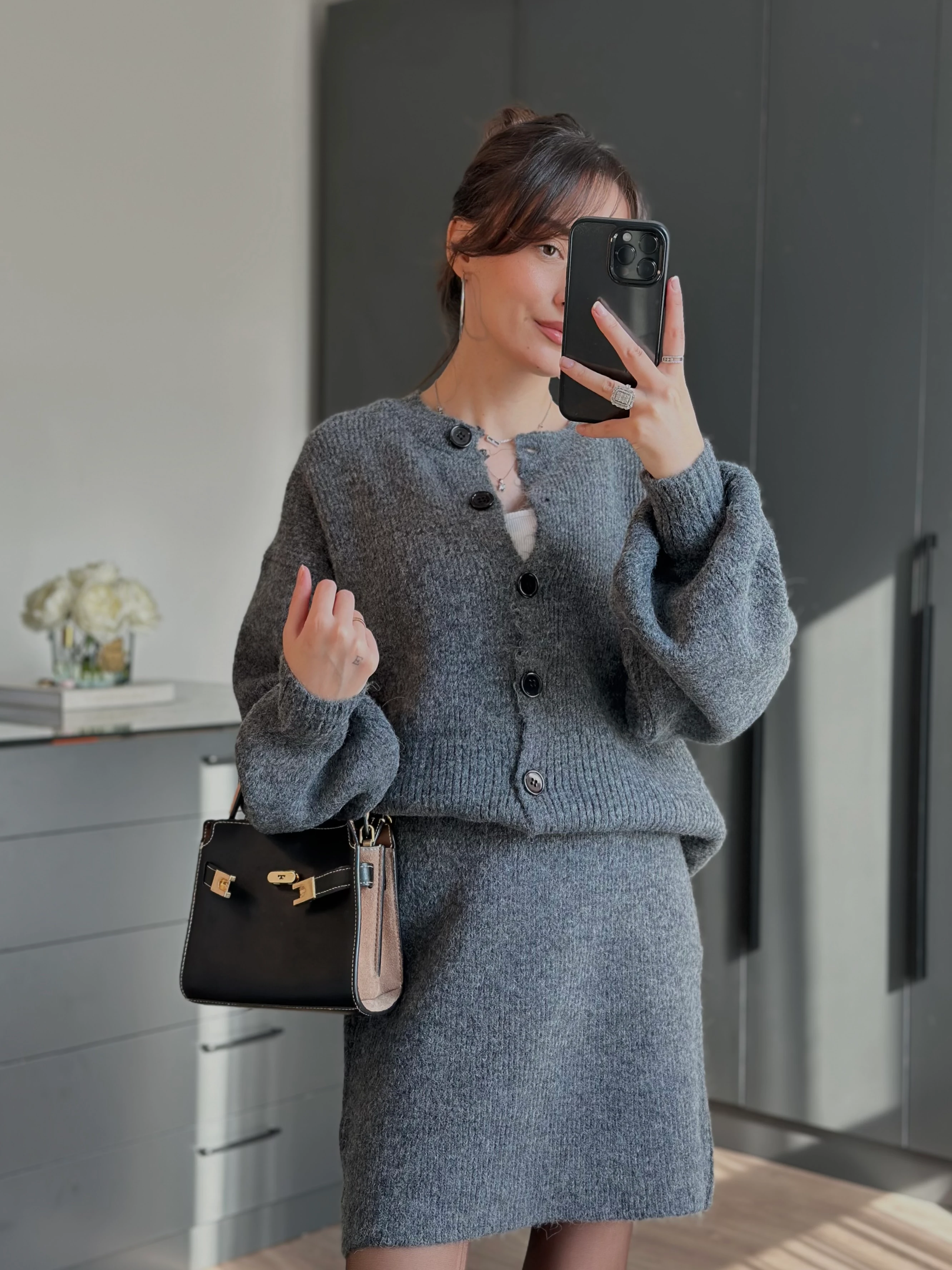 BALON KOLLU ÖRGÜ ANTRASİT TAKIM