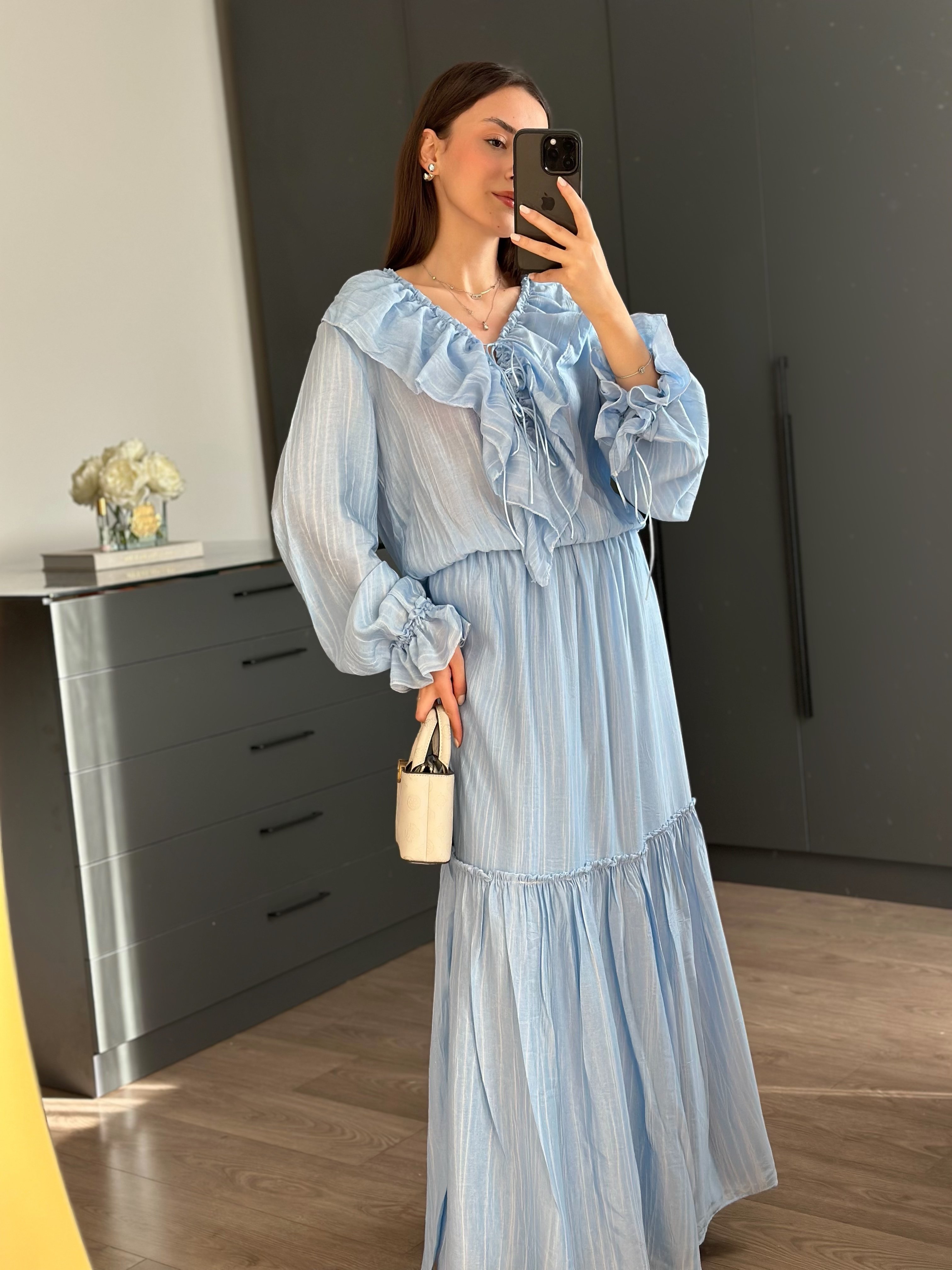 BELLIS MAVİ FIRFIRLI TASARIM MAXİ ELBİSE
